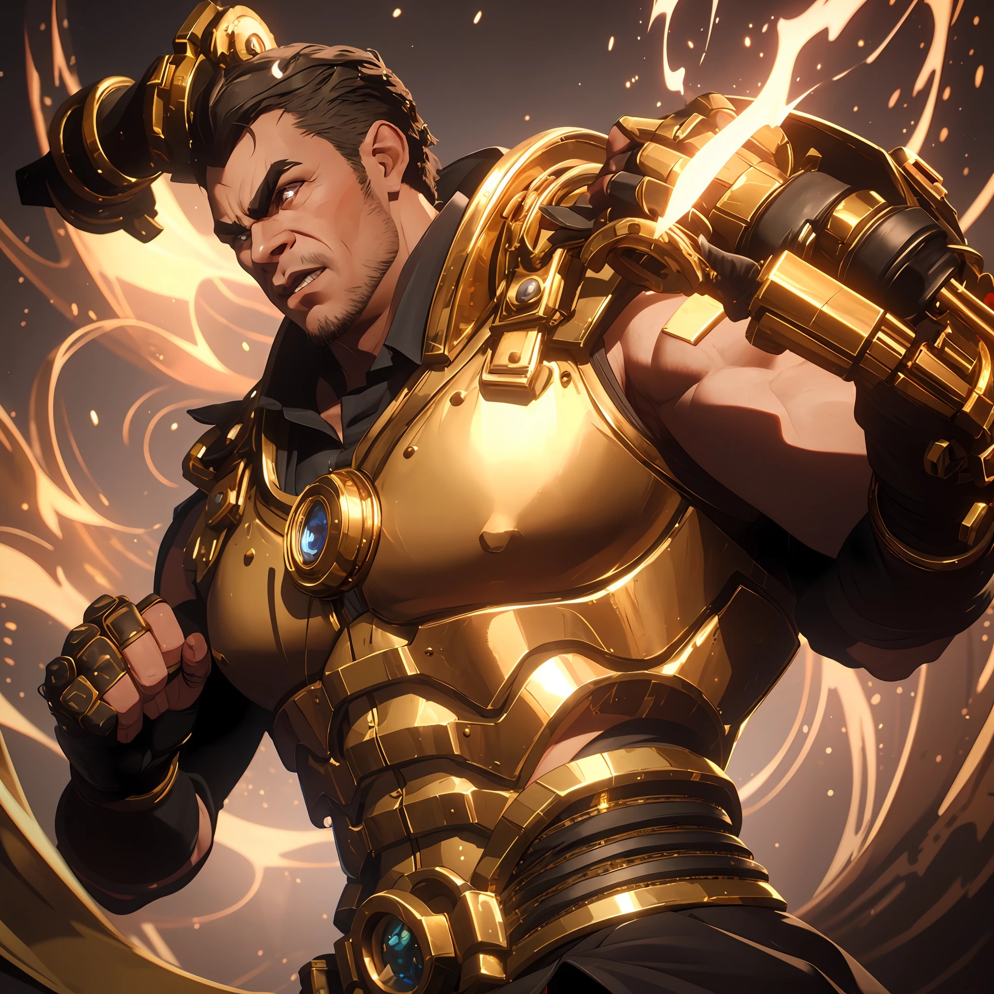 (best quality: 1.2), (ultra-detailed: 1.2), fantastic lighting, 4k, Full HD, sett, muscular man with a menacing look wearing golden brass knuckles, steam punk, bionic arm, golden energy enveloping him,