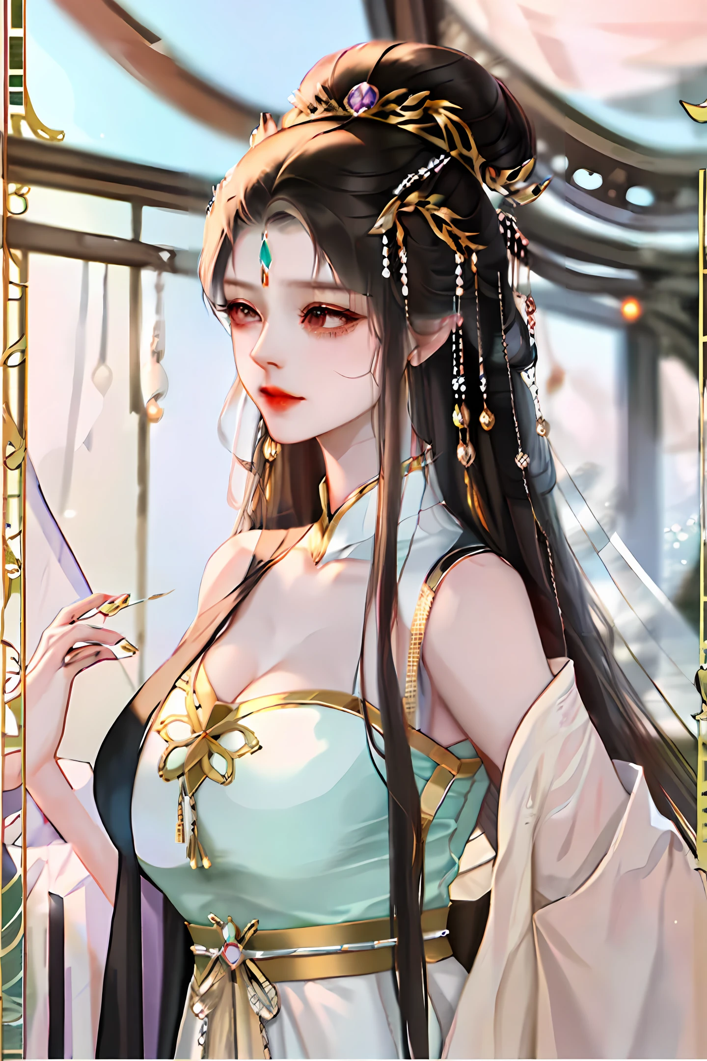 teens girl，Mirror，Coiled bun，rnlong hair，Hairpins，Hanfu，Nobile，head gear，ancientry，Chinese big breasts，Need，k hd，professinal