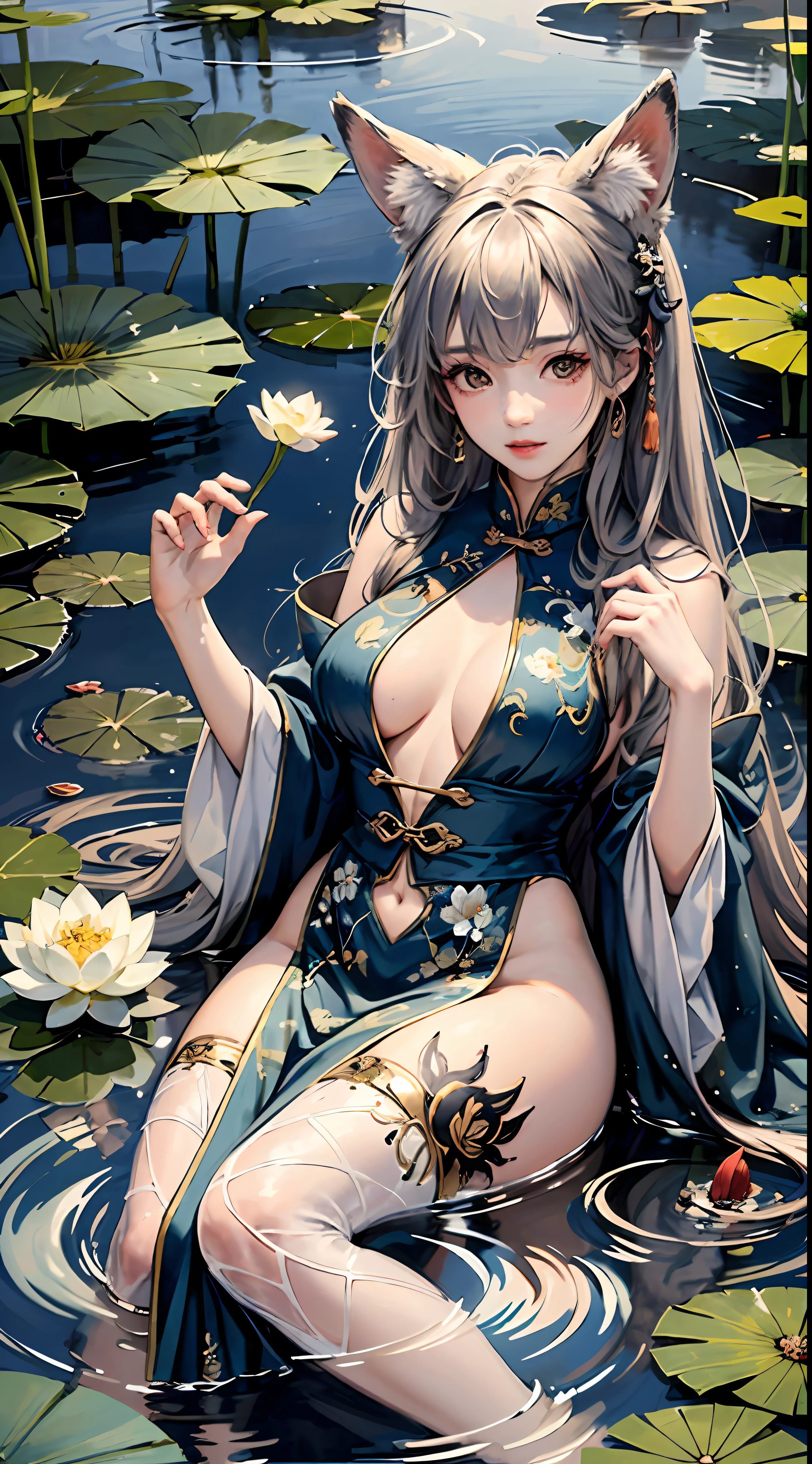 hoang lap,A high resolution,ultra detali,(1girll:1.3),handpainted,Simple lines, girl in colorful Chinese Hanfu,Beautiful girl with fox ears,Lie in a huge lotus leaf,In the lotus pond,tmasterpiece,sitting in water,Transparent clothes,Floating hair,voluptuous figure