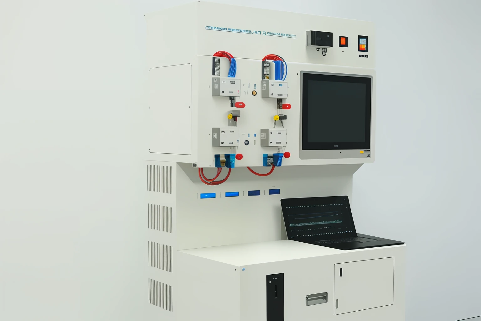 there is a laptop computer sitting on a stand in front of a monitor, product introduction photos, system unit, Lab Room, Advanced technology, Single image, highly technical, high - tech, high - tech, electrical case display, 800t, 8 0 0 t, product introduction photos, technical, science equipment, neutron, full device, plasma display