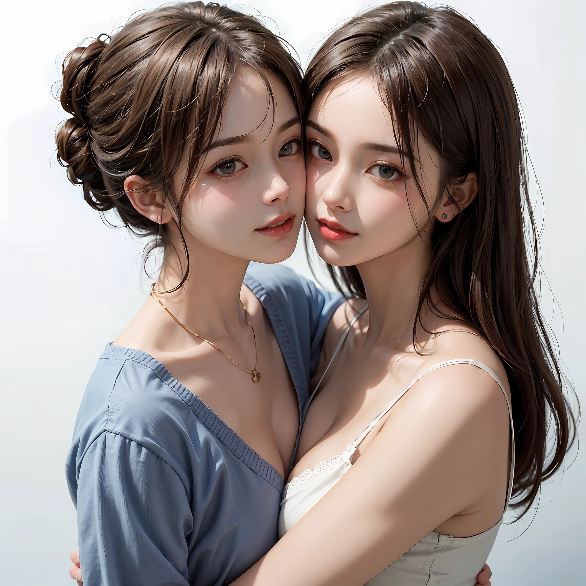 Two people facing each other face to face、Hug each other tightly、Two people hugging and kissing、lilie、lesbian、a couple、Two cute pretty girls、masterpiece、highest quality、realisticlying、realisitic、Seductive bright smile、short clean hair with bangs、Loose business shirt、enticing eyes、(cleavage of the breast)、(Pure white background with really nothing from floor to ceiling)、(28 year old)、extremely detaile、tall、neck long、Straighten your back、Put your ears out、Highlights in the eyes、lipgloss、glowy skin、White-colored skin、Clean collarbone、closes mouth、Happily、Nice proportions、lovely、Adorable、Two people kissing