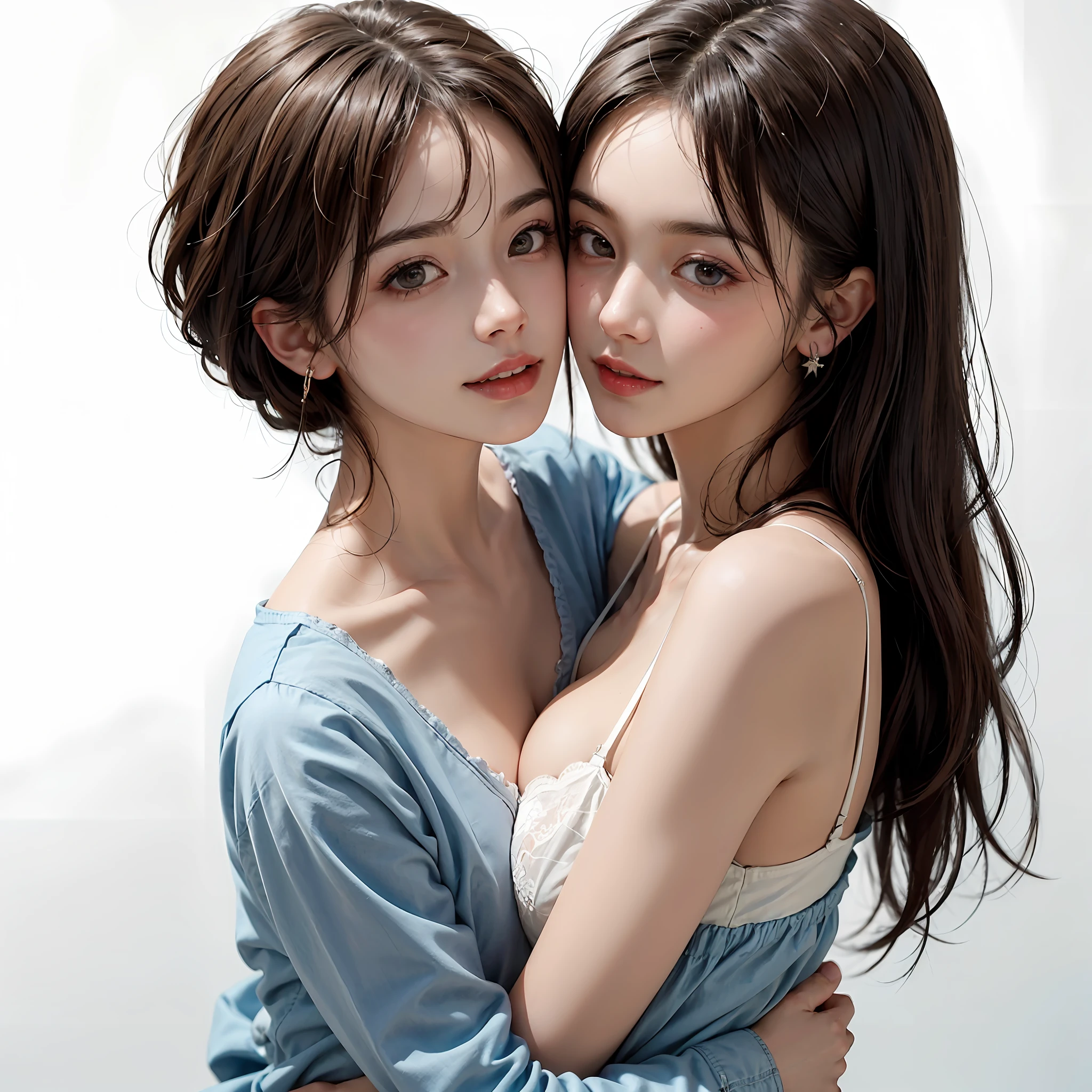 Two people facing each other face to face、Hug each other tightly、Two people hugging and kissing、lilie、lesbian、a couple、Two cute pretty girls、masterpiece、highest quality、realisticlying、realisitic、Seductive bright smile、short clean hair with bangs、Loose business shirt、enticing eyes、(cleavage of the breast)、(Pure white background with really nothing from floor to ceiling)、(28 year old)、extremely detaile、tall、neck long、Straighten your back、Put your ears out、Highlights in the eyes、lipgloss、glowy skin、White-colored skin、Clean collarbone、closes mouth、Happily、Nice proportions、lovely、Adorable、Two people kissing