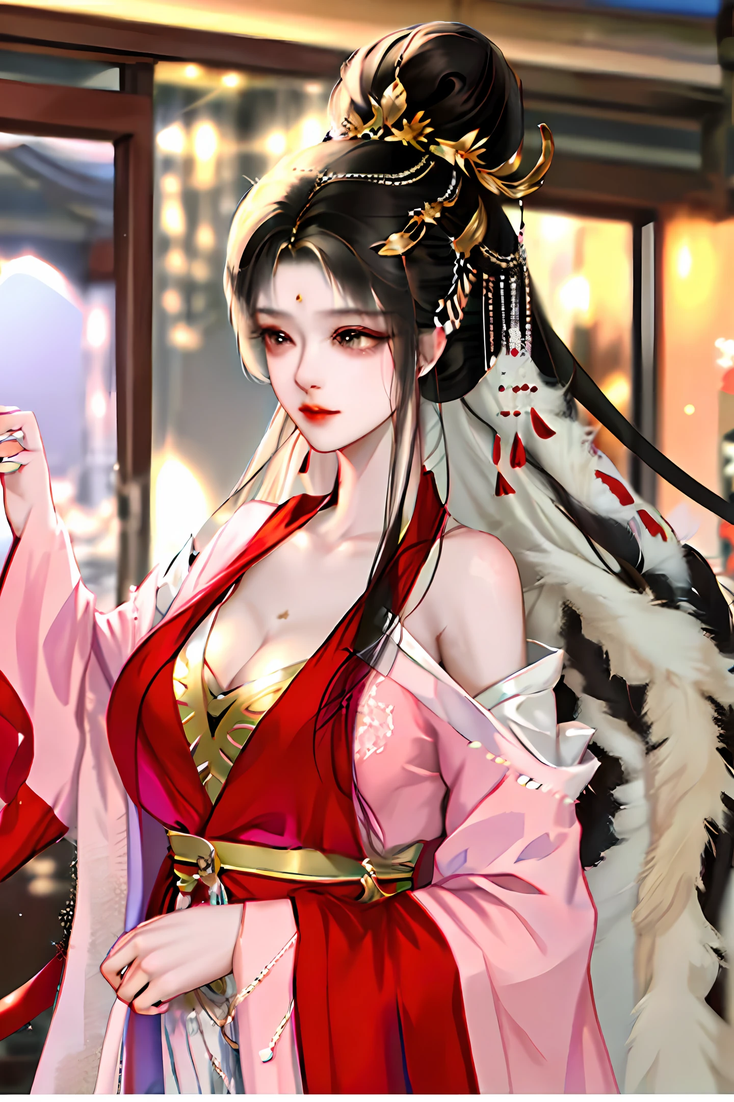 s girl,Mirror,Coiled bun,rnlong hair,Hairpins,Hanfu,Nobile,head gear,ancientry,Chinese big breasts,Need,k hd,professinal