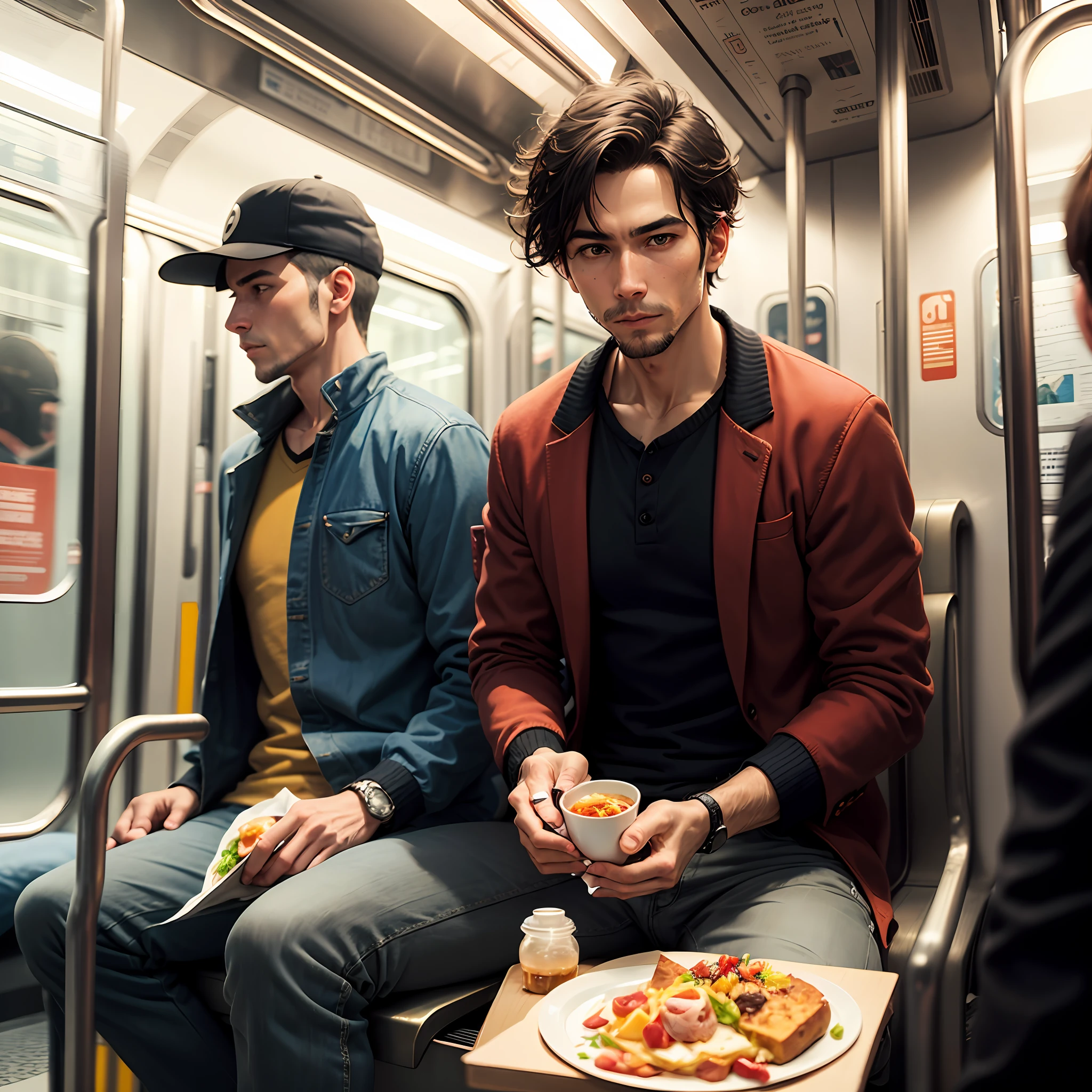A man with breakfast in hand was riding the subway --auto