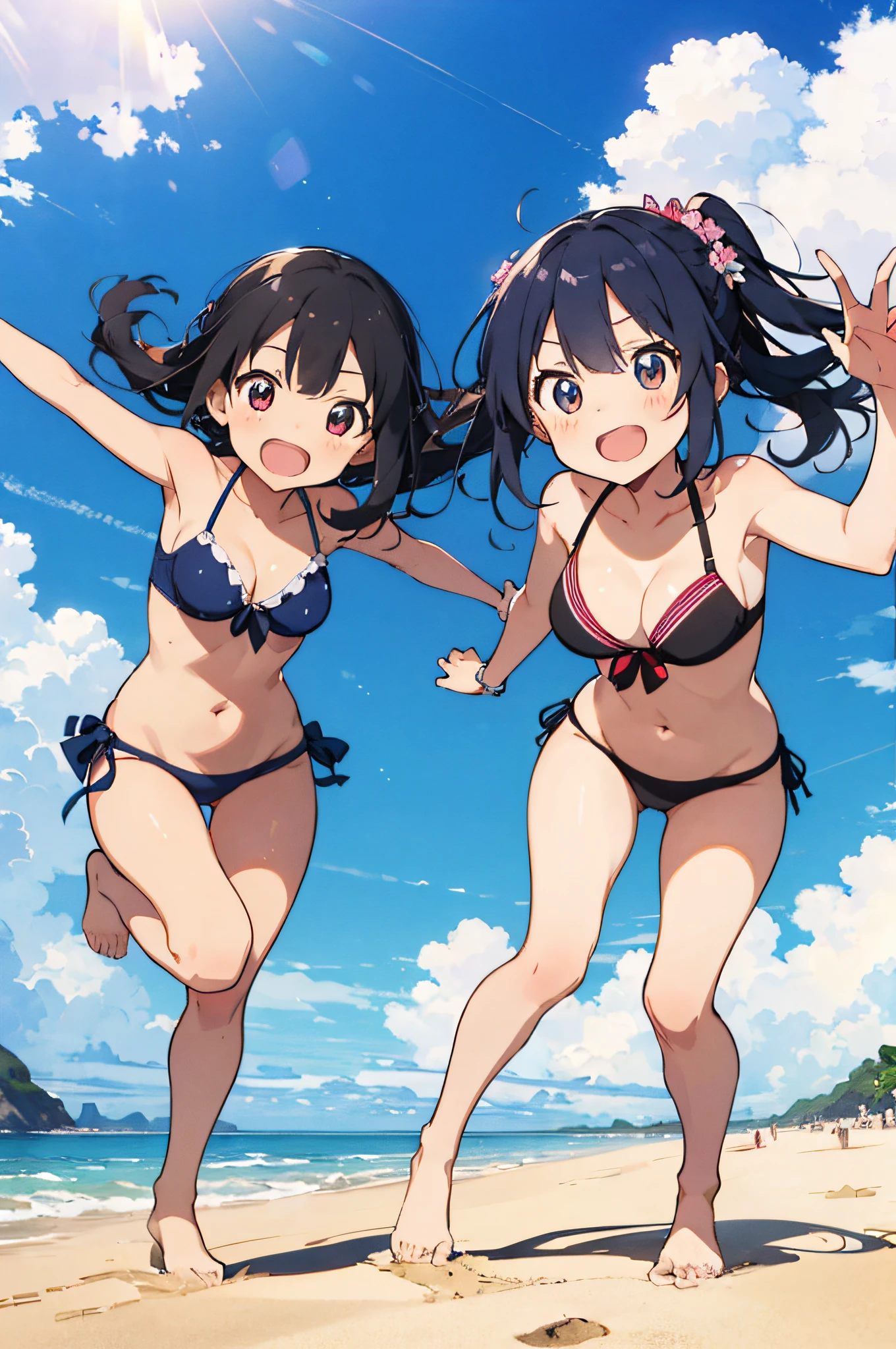 master piace, highest  quality,ultra-detailliert,8K_wall-paper,(beautidful eyes),((cute little)),(Wonderful),(erotick),anime moe art style,Three girls frolicking on a sunny beach,bikini,Smile,Dynamic Pose,Open mouth,Full body,bare-legged、mass bouquet