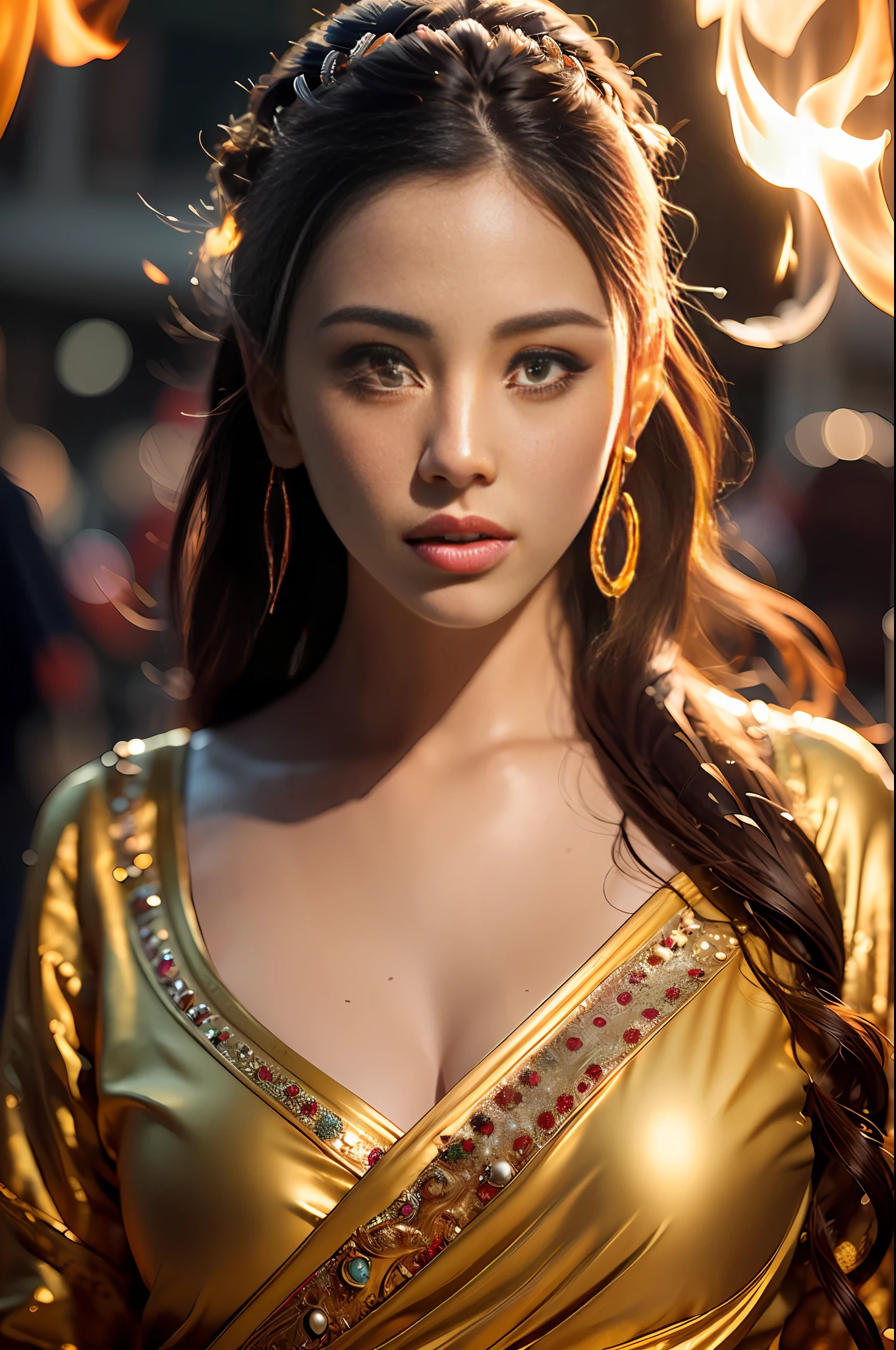 Best quality,masterpiece,ultra high res,(photorealistic:1.4)1girl,beautiful_face,detailed skin,full body,yuhuoshu,jewelry,solo,earrings,(fire:1.3),blurry,realistic,lips,