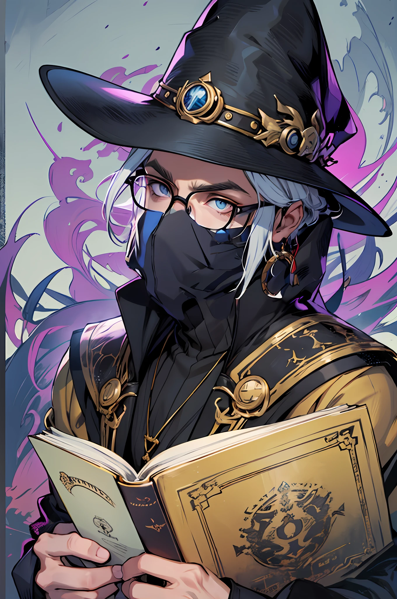 The cloth mask is delicately stamped with intricate rune patterns, Em segundo plano, There is a soft mist that imbues the scene with a mystical feel.