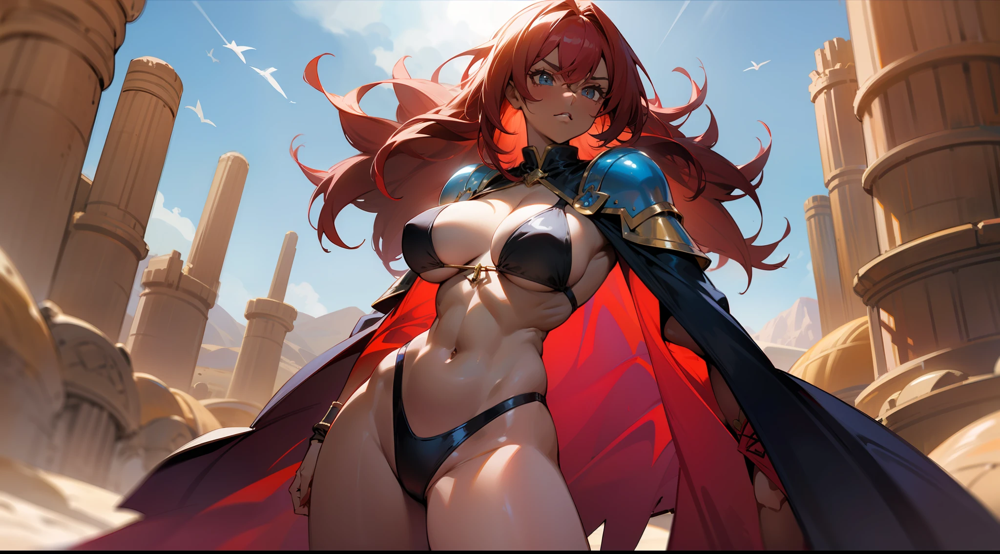 Mature woman, strong, dark skin, black bikini, cape, long red hair, large breasts, large thighs, can dynamic, heroic weight, fantasy, medieval, desert, sun, blue sky, well detailed brightness.