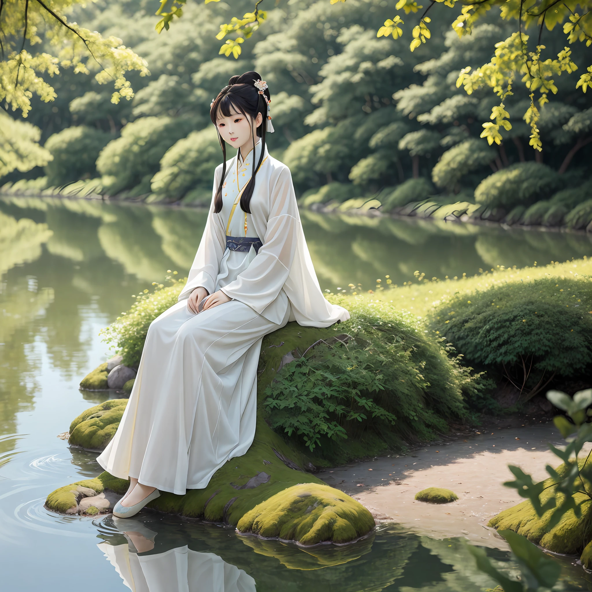 Chinese ancient style,rnlong hair,graceful curves,Sit slowly、naturey,On the riverside,Graceful figure,Gentle and generous,Silk tunic,white colors,Blue,Thick with willows,soft sun light,The water is rippling,The surface of the river is clear。 --auto