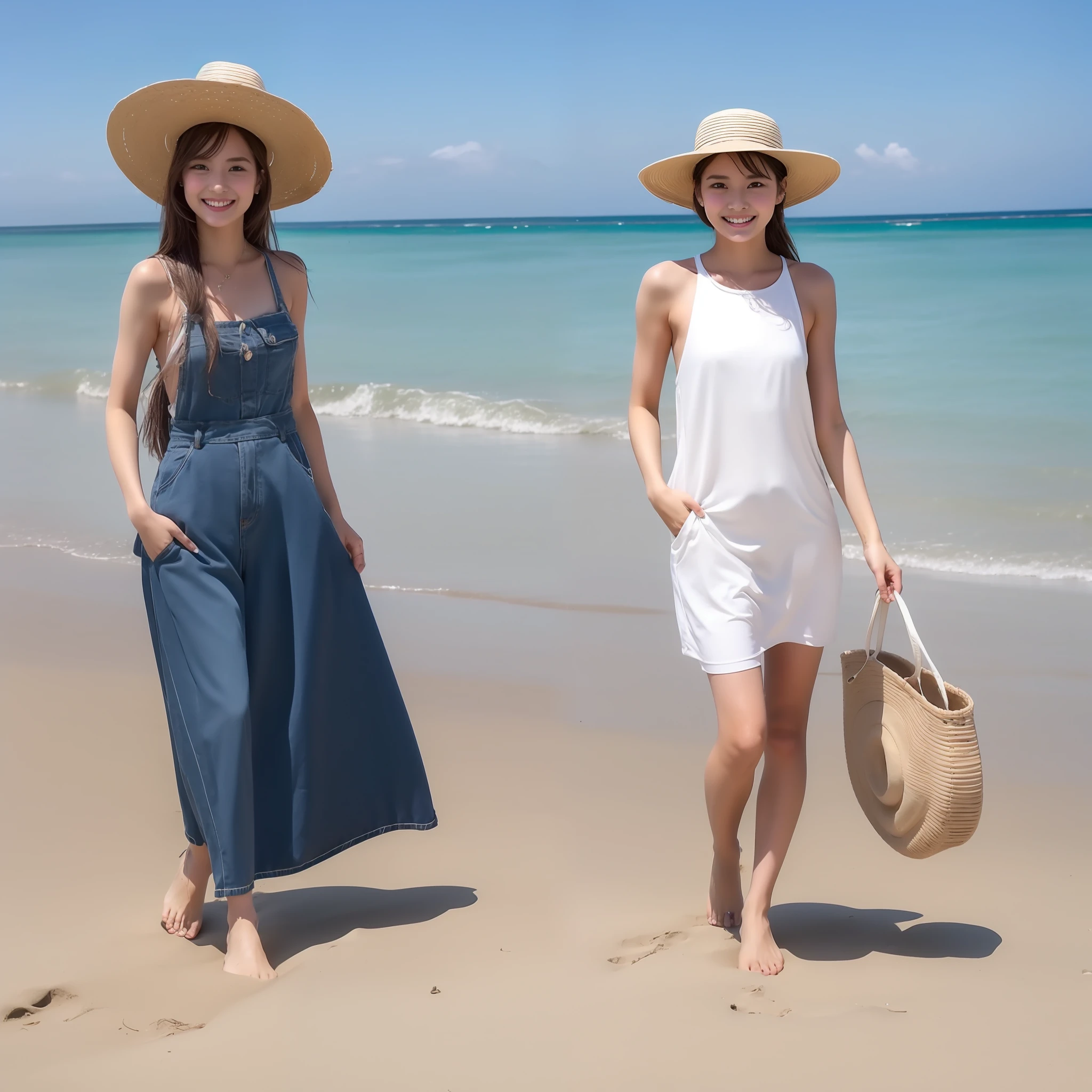 Being on the beach、One beautiful woman、full body seen、Wearing a straw hat、having clothes are worn