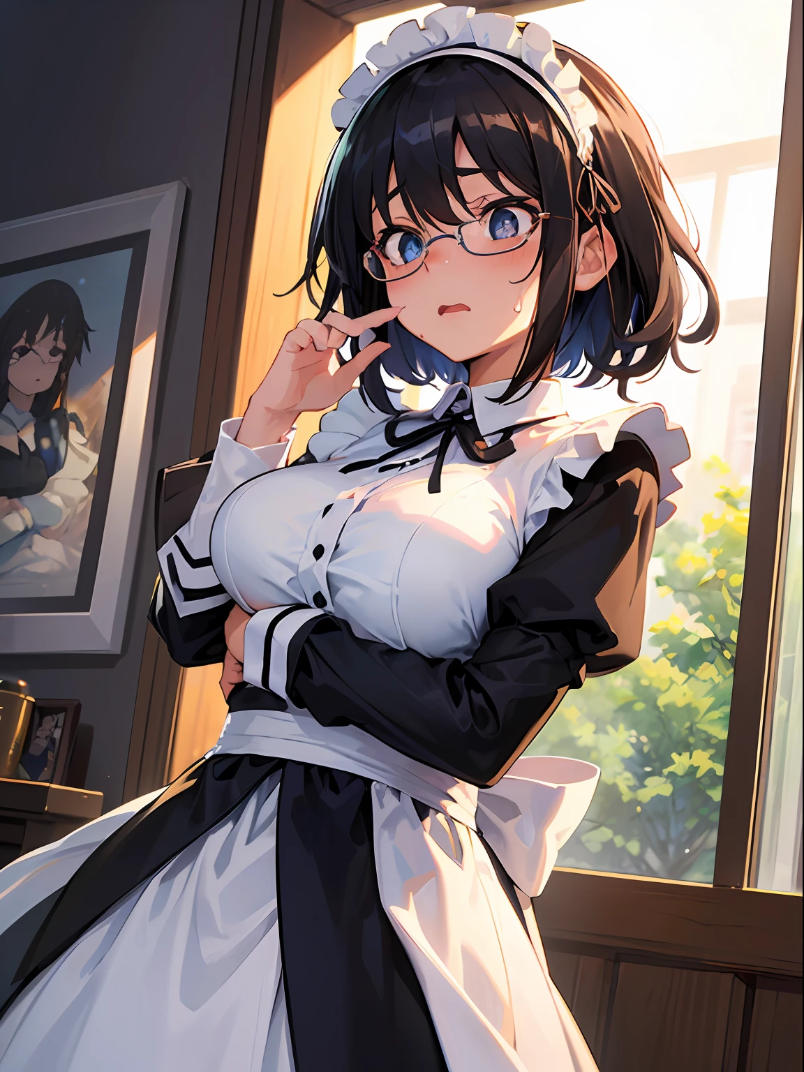 ((masutepiece)), ((Best Quality)), (Ultra-detailed), ((kawaii)), Cute, (lovely), ((Sexy)), (Ero), ((Extremely detailed)), 4K, (8K), Best Quality, (Beautiful), Illustration, Anime style, Painting, Dynamic Angle, Full body, Upper body The upper part of the body, from below looking up, (Feeling like falling), Gradation, Western-style room, s, 1girl in, Solo, maid, Beautiful black hair, Beautiful black eyes, ((Beautiful eyes)), White-skinned, Short hair, large full breasts, horseshoe-shaped hairband, Glasses, Surprised, Wavy mouth, sweat, sparkling effect, Lens Flare, shiny-glistening, gleaming