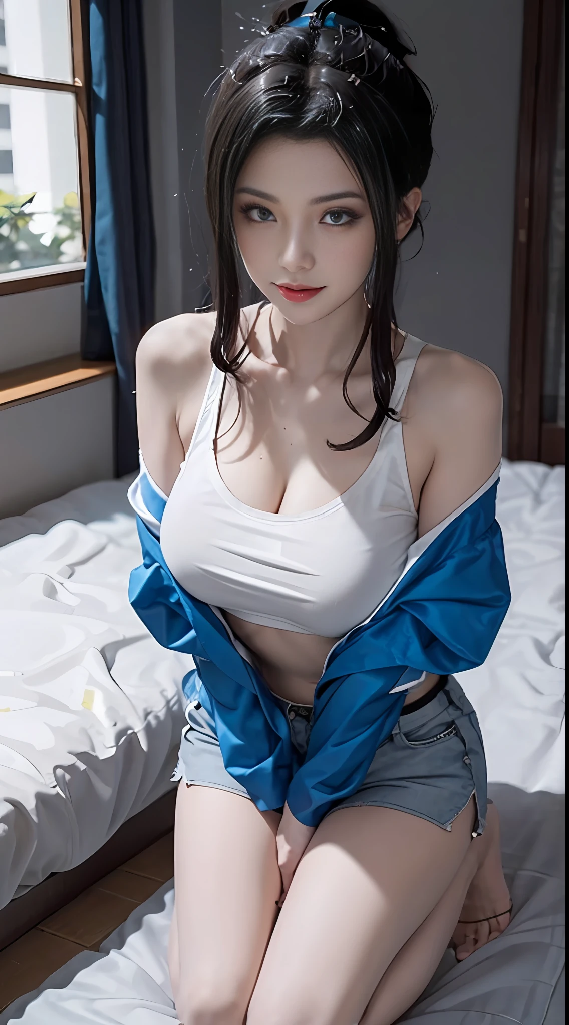 A girl, kneeling on the playground after school, (full body visible)), away from the audience. She is a beautiful, pretty, cute, cute, young, teenager. She is slim, slender, petite, thin, (big breasts), (big breasts), (big breasts). She was sweaty, wet, and drenched. The clothes are transparent, there is sweat on the skin, and the hair is wet. She grinned and smiled. She looks natural, relaxed and unpretentious. Scheming face. Make faces. (sticking out his tongue), telling a secret, hiding a secret, shyness, excitement. She stared at the audience. She wears a black ponytail. She wore a school uniform, a rolled up white shirt with a blue collar, a colored corduroy sports bra under the shirt, blue shorts, and two layers. Shirt lift,. Camera focused on her face, light shining on her face, very large aperture, ((f/1.2)), shallow depth of field, strong blur in background lens, ISO 3000, auto white balance, extremely detailed, professional lighting, soft light, raw photos, Uniqlo fashion models, best quality, masterpiece, award-winning photography, huge file size, 8k, high resolution, shot on Sony DSLR.