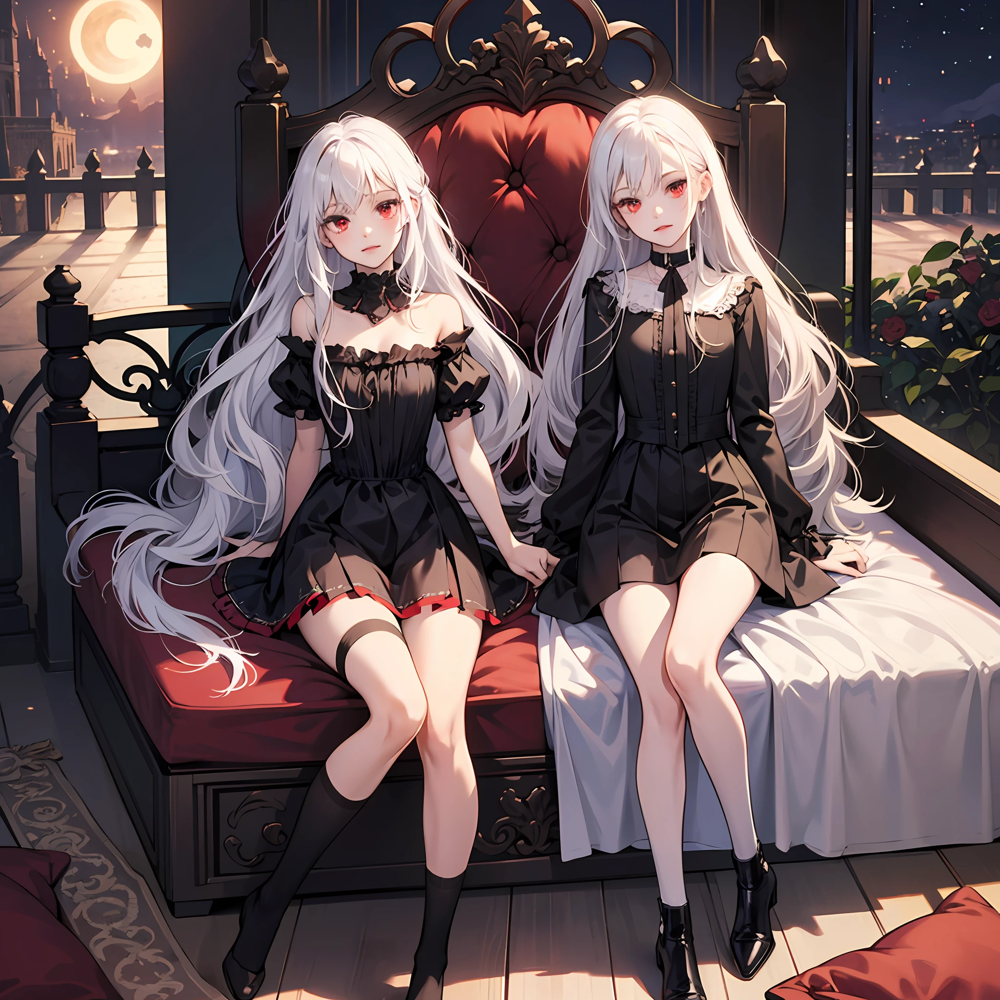 tmasterpiece,A loli with long white hair,Red eyes,Vampires,Gothic,black color dress,leg loops,With a collar around the neck,black over-the-knee socks,Inside an ancient castle,Sleep in a coffin,There is moonlight in the night