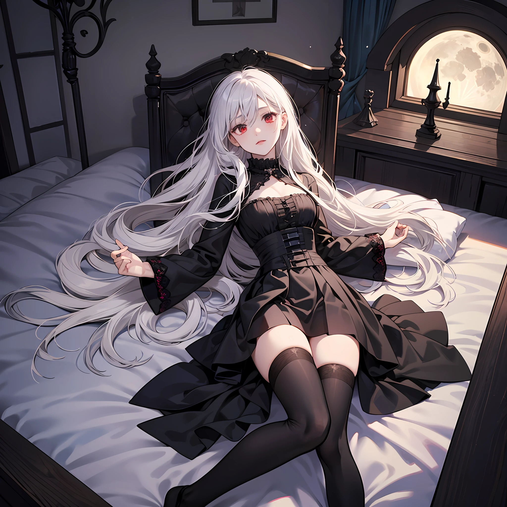 tmasterpiece，A loli with long white hair，Red eyes，Vampires，Gothic，black color dress，leg loops，With a collar around the neck，black over-the-knee socks，Inside an ancient castle，Sleep in a coffin，There is moonlight in the night