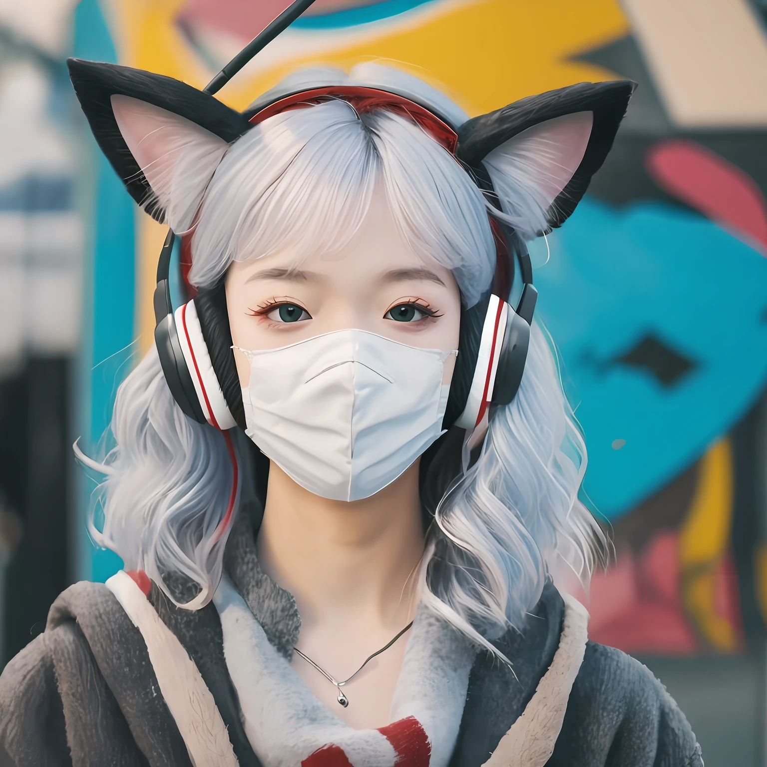 Silver hair, curtained hair, Wavy hair, Big hair, Long hair, raised eye brows, mismatched pupils, half-closed eye, long eyeslashes, Cat ear headphones, makeup, jitome, Scowl, Mask, shadowing, anaglyph, stereograms, tachi-e, angle of view, Atmospheric perspective, From below, Verism, 8K, Super detail, ccurate, Best Quality, Textured skin, Anatomically correct --auto