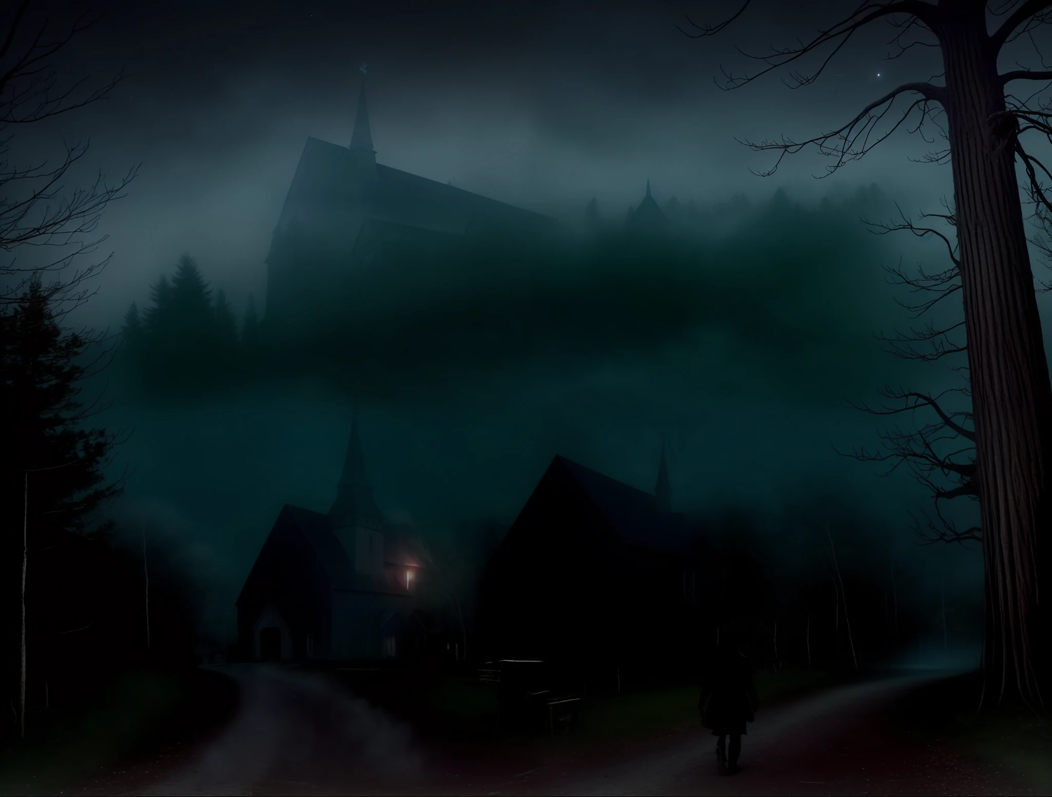 tm style, landscape of a church surrounded by dark forests at night  a woman from the 1800s walking alone, tim burton movie frame, cinematic, a lot of haze, volumetric lights, realistic, 8k