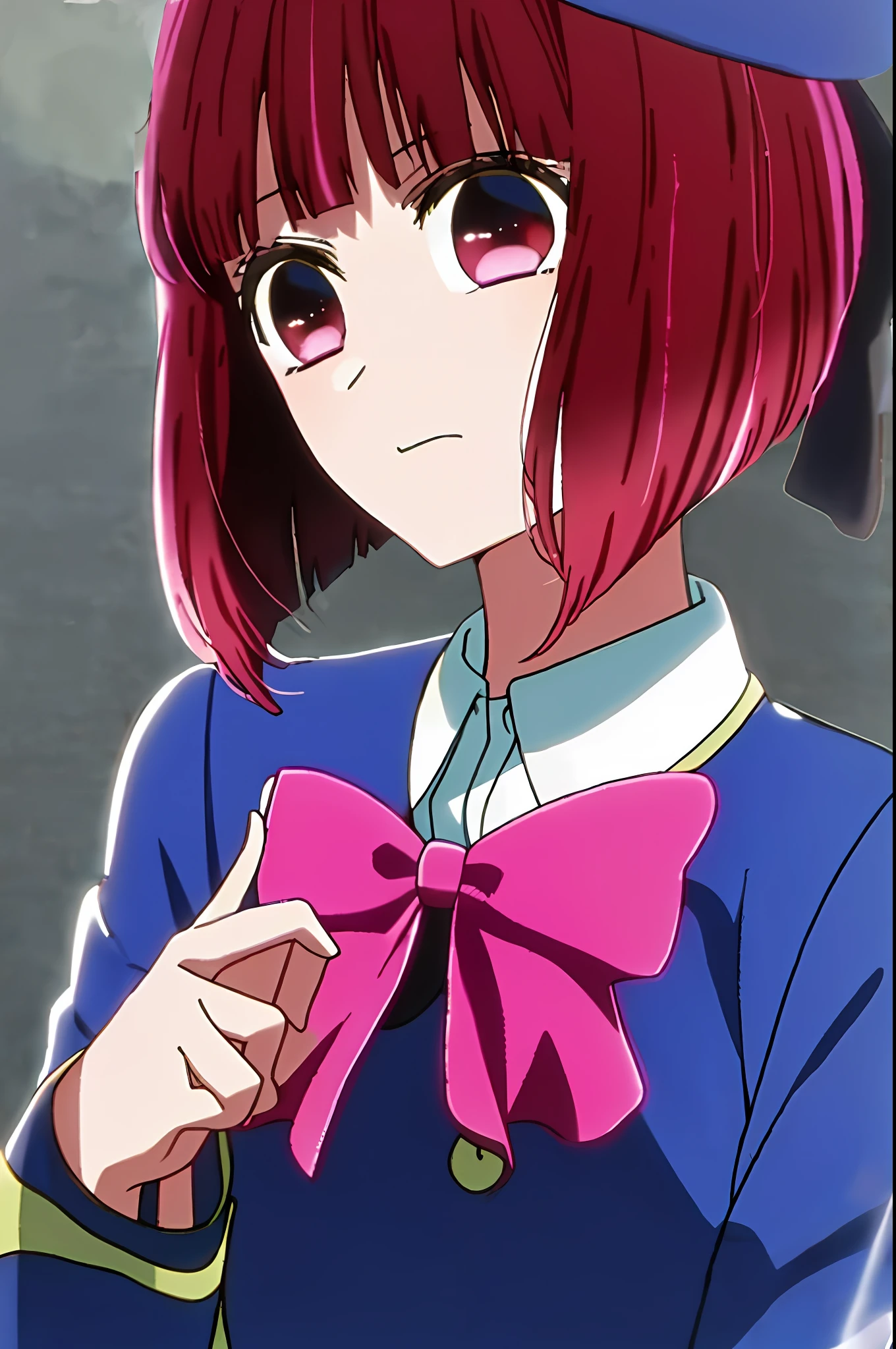 (tmasterpiece,Best quality at best,A high resolution),
Kana Arima \(oshi no ko\),
school_uniform,Purple Beret,pink_Red bow tie,violet_jaket,nakeness