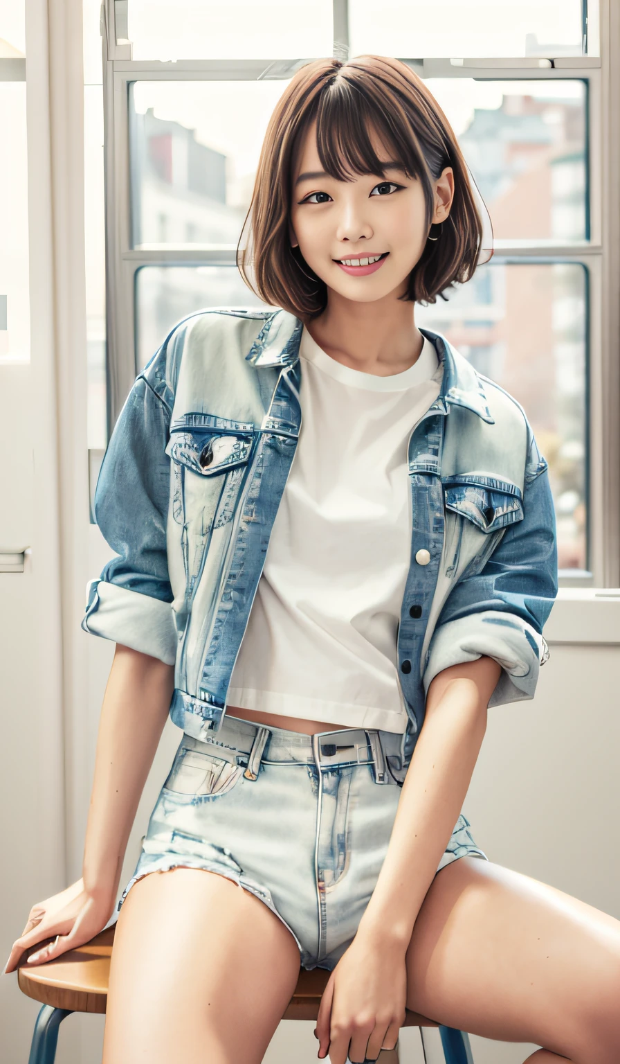 a smile、white shirt、Denim jacket and shorts、Classroom