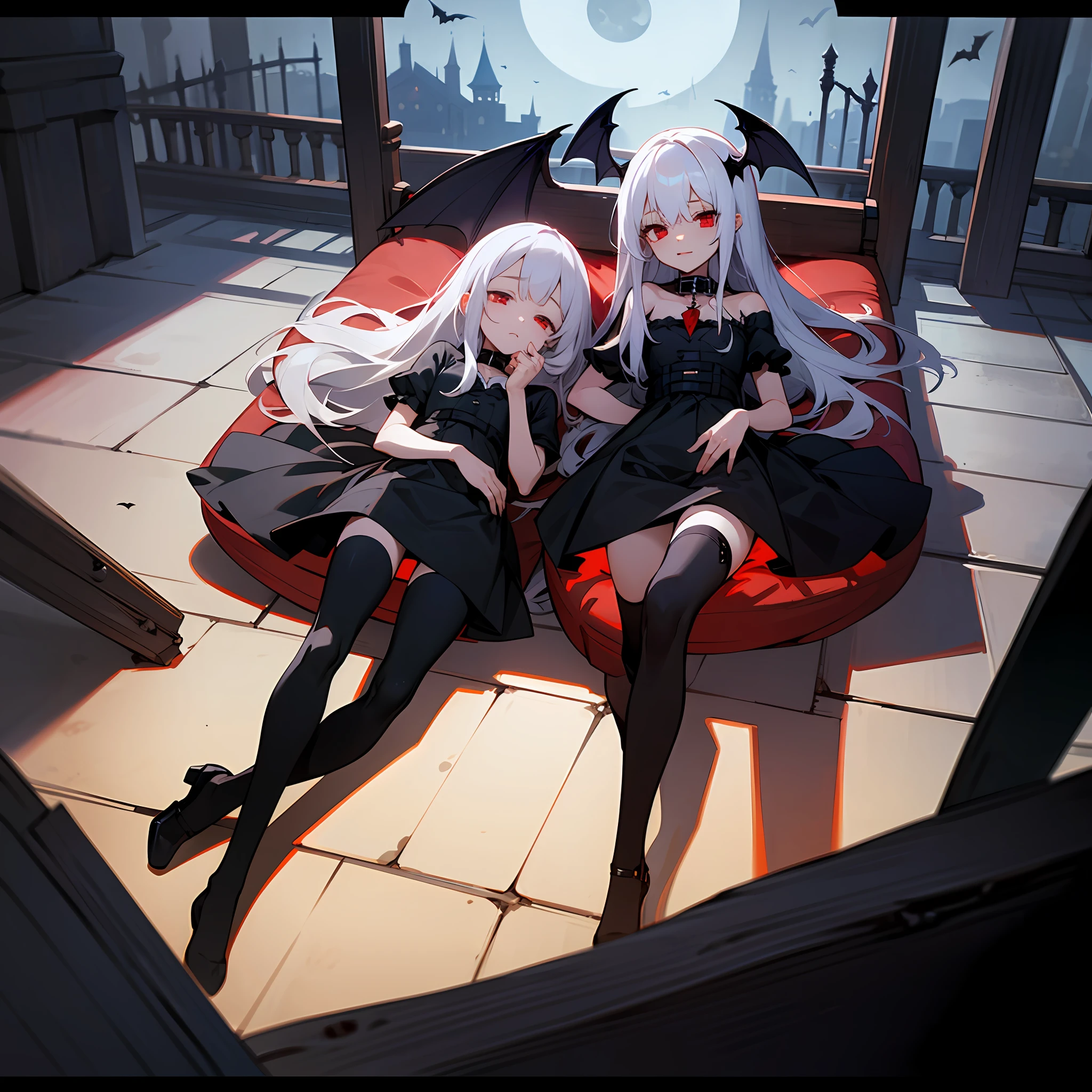 tmasterpiece,A with long white hair,Red eyes,Vampires,Gothic,black color dress,leg loops,With a collar around the neck,black over-the-knee socks,Inside an ancient castle,Sleep in a coffin,There is moonlight in the night,There are bats