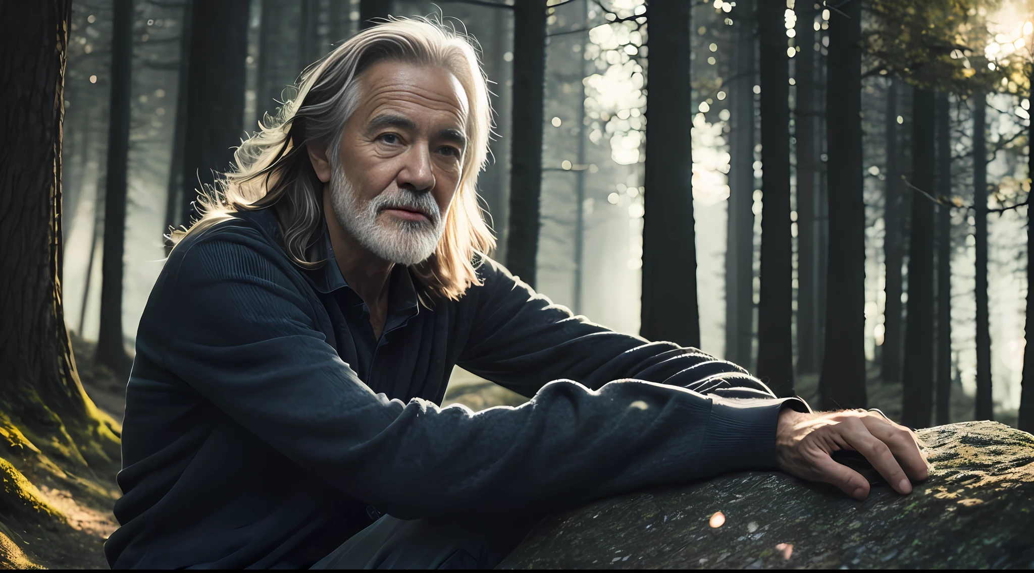 close-up shot of an elderly man with long hair sitting on a rock, very handsome in the forest, soft volumetric lights (backlight: 1.3), (Cinematics: 1.2), intricate details (art season: 1.3), rutkowski