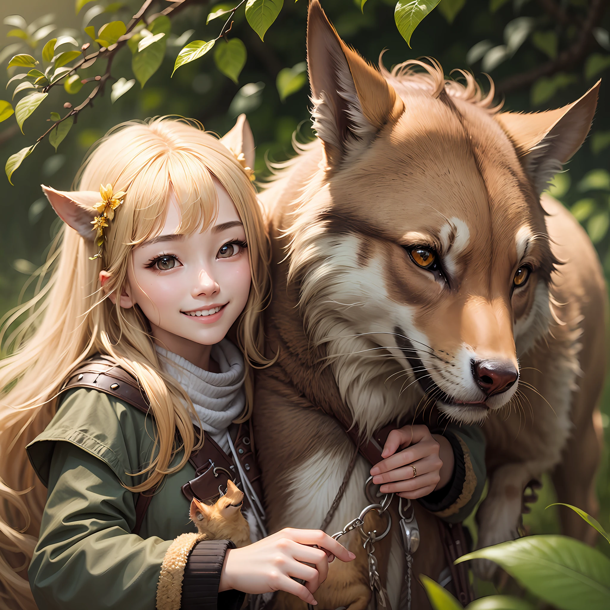 Only a girl's smile、a gorgeous、Golden Eyes、Golden Hair、with animal、 --auto --s2