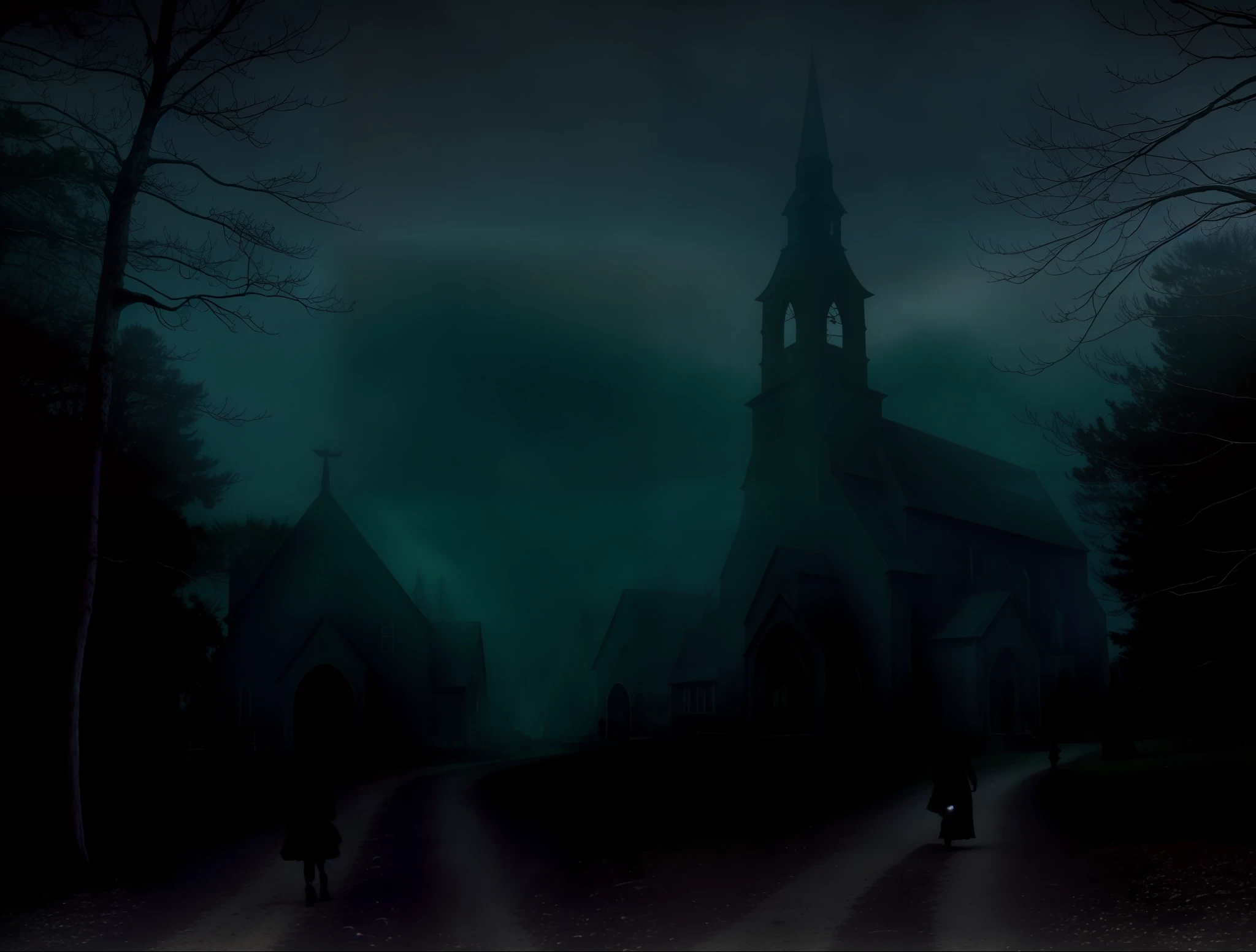 tm style, landscape of a church surrounded by dark forests at night  a woman from the 1800s walking alone, tim burton movie frame, cinematic, a lot of haze, volumetric lights, realistic, 8k