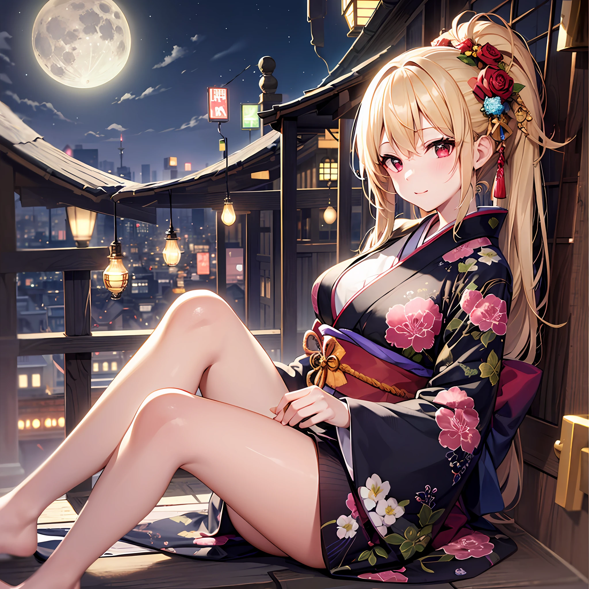 One blonde girl、red eyes、Kimono、natta、a moon