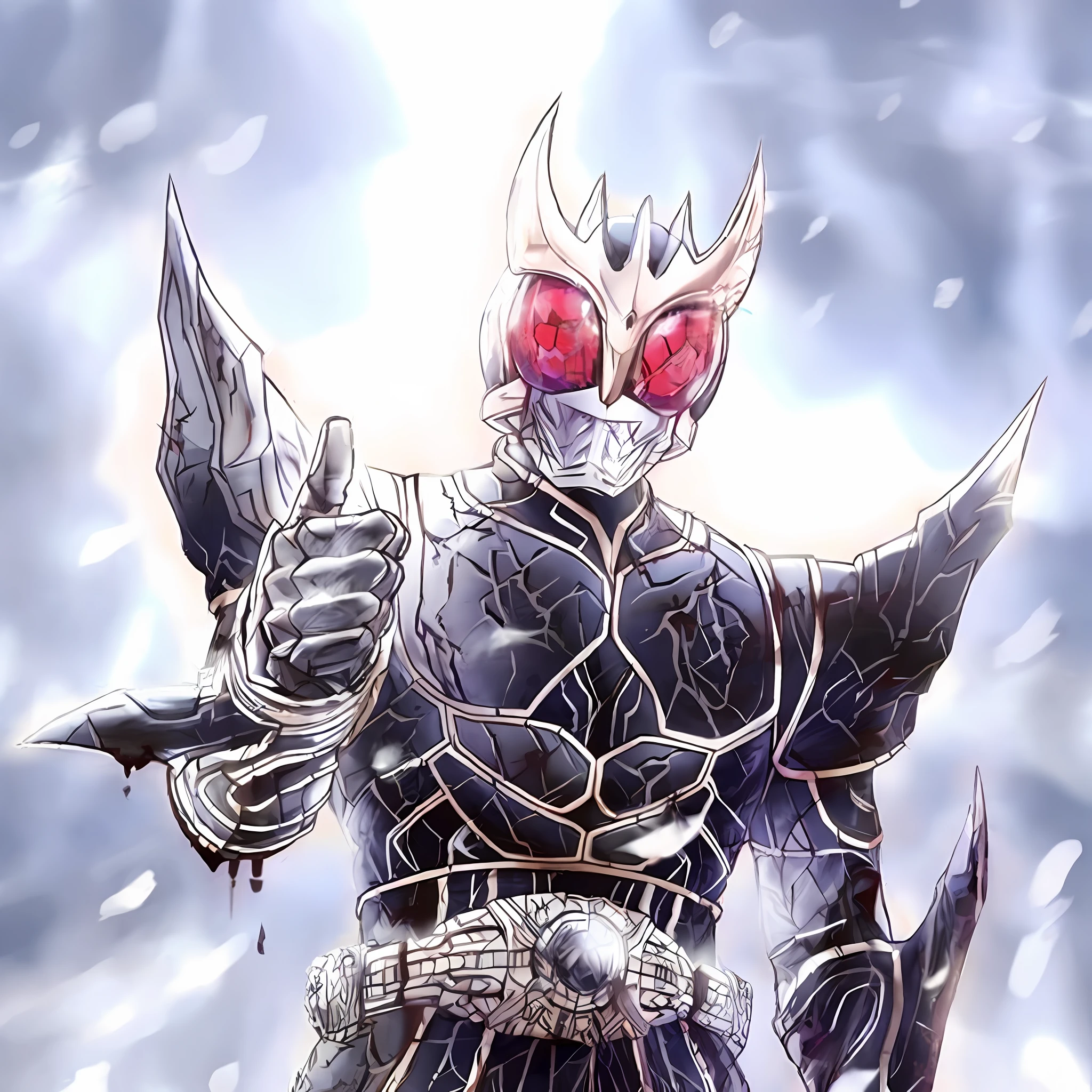 a close up of a person with a sword and a helmet, kamen rider character, high fantasy kamen rider, Kamen Rider, kamen rider action pose, Tokusatsu, kamen rider ghost, trigger anime artstyle, guyver style, chaos nightmare ❄️ amour venom, transforming into his final form, badass posture, Ichigo Kurosaki, sharp high quality artwork