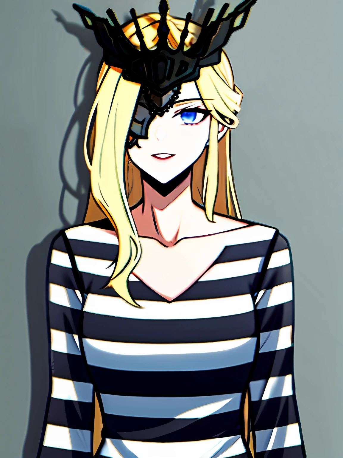 1girl, solo, blonde hair, gloves, blue eyes, long hair, black gloves, mask, one eye covered, elbow gloves, collarbone, black mask, looking at viewer, upper body, signora \(genshin impact\), (mature female:1.16), bad-girl, priclothes, striped clothes, outfit, clothing, prisoner, mature female, long sleeves, pants, full body