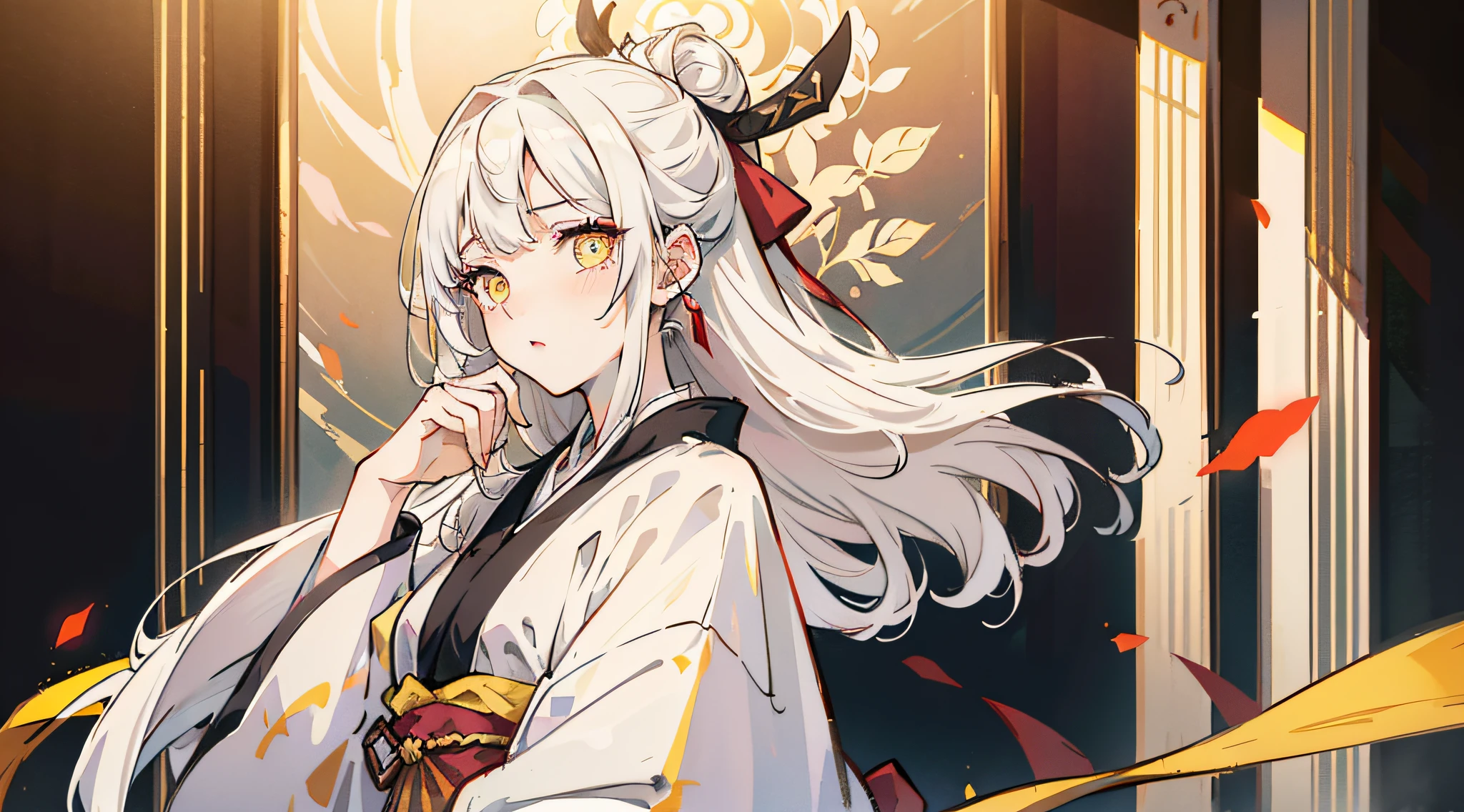 An assassin girl, white color hair, White-colored skin, Sunnyday, ancient wind, Hanfu, white color hair, handpainted, daggers, blush, bright pupils, amber eyes, yellow eyes, ribbon, anime, cinematic lighting, three sided view, masterpiece, high details, high quality, highres --auto
