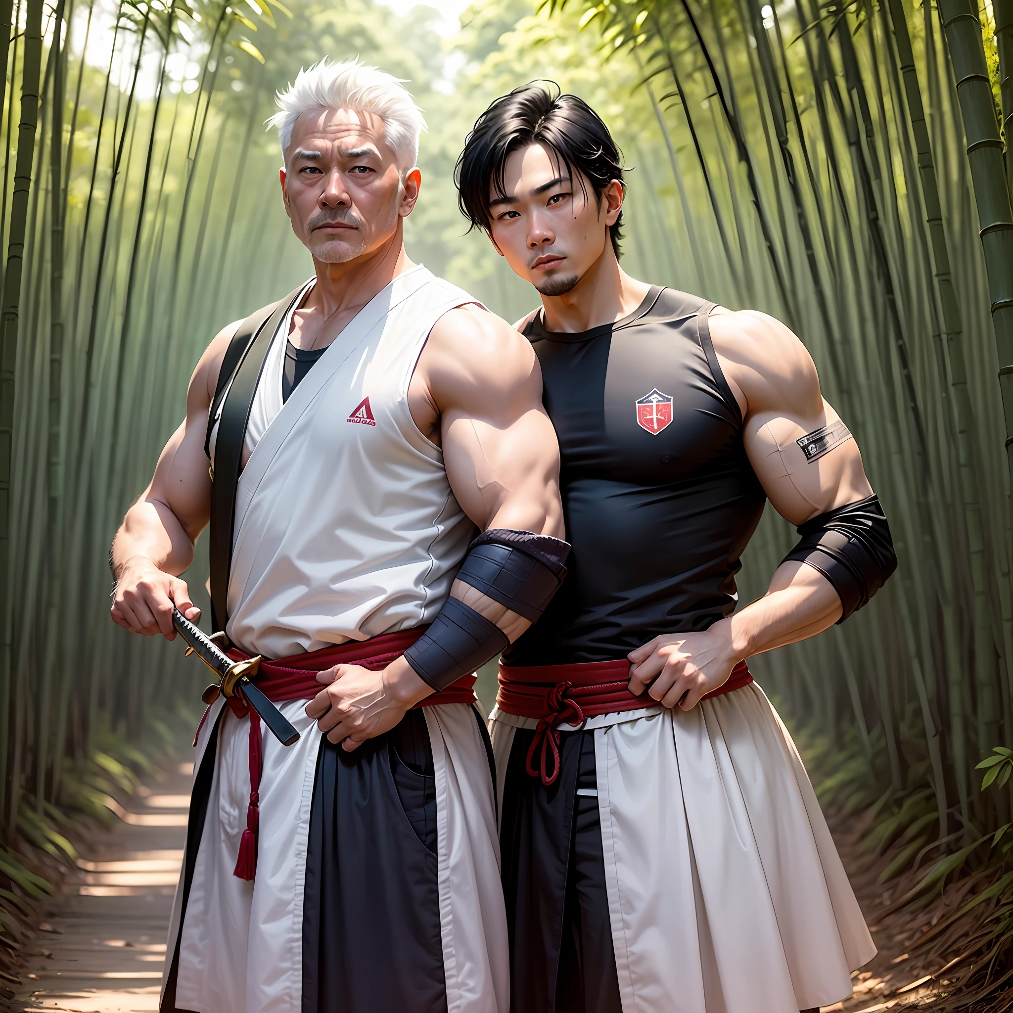 Two middle-aged uncles are competing in kendo,The one on the left rests the sword horizontally on his chest,The one on the right chops the sword in his hand。The uncle on the left has black hair mixed with a little white,The uncle on the right has all white hair。Both were of great build,muscular plump,And not wearing a top。The scene is in a bamboo forest,The time is dusk。 --auto