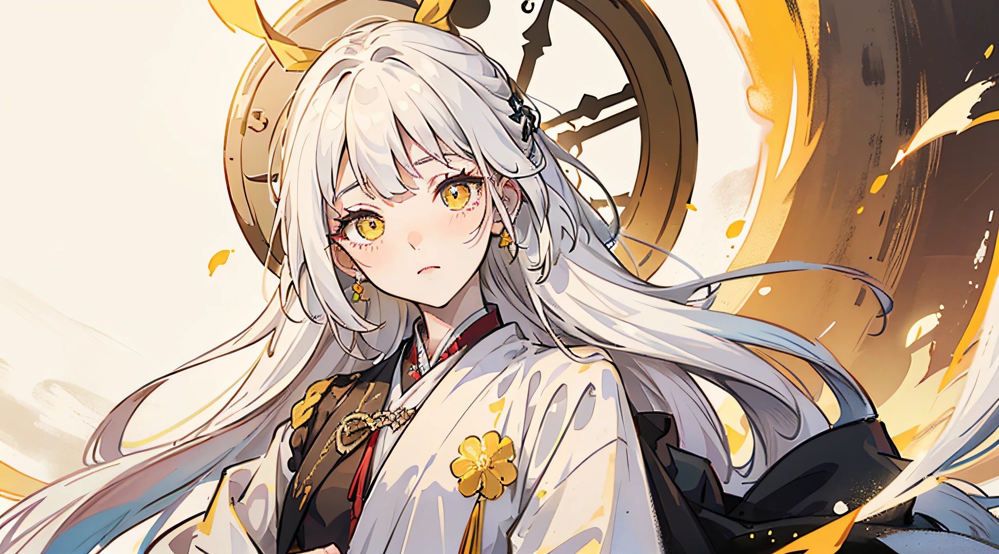 An assassin girl, white color hair, White-colored skin, Sunnyday, ancient wind, Hanfu, white color hair, handpainted, daggers, blush, bright pupils, amber eyes, yellow eyes, ribbon, anime, cinematic lighting, three sided view, masterpiece, high details, high quality, highres --auto