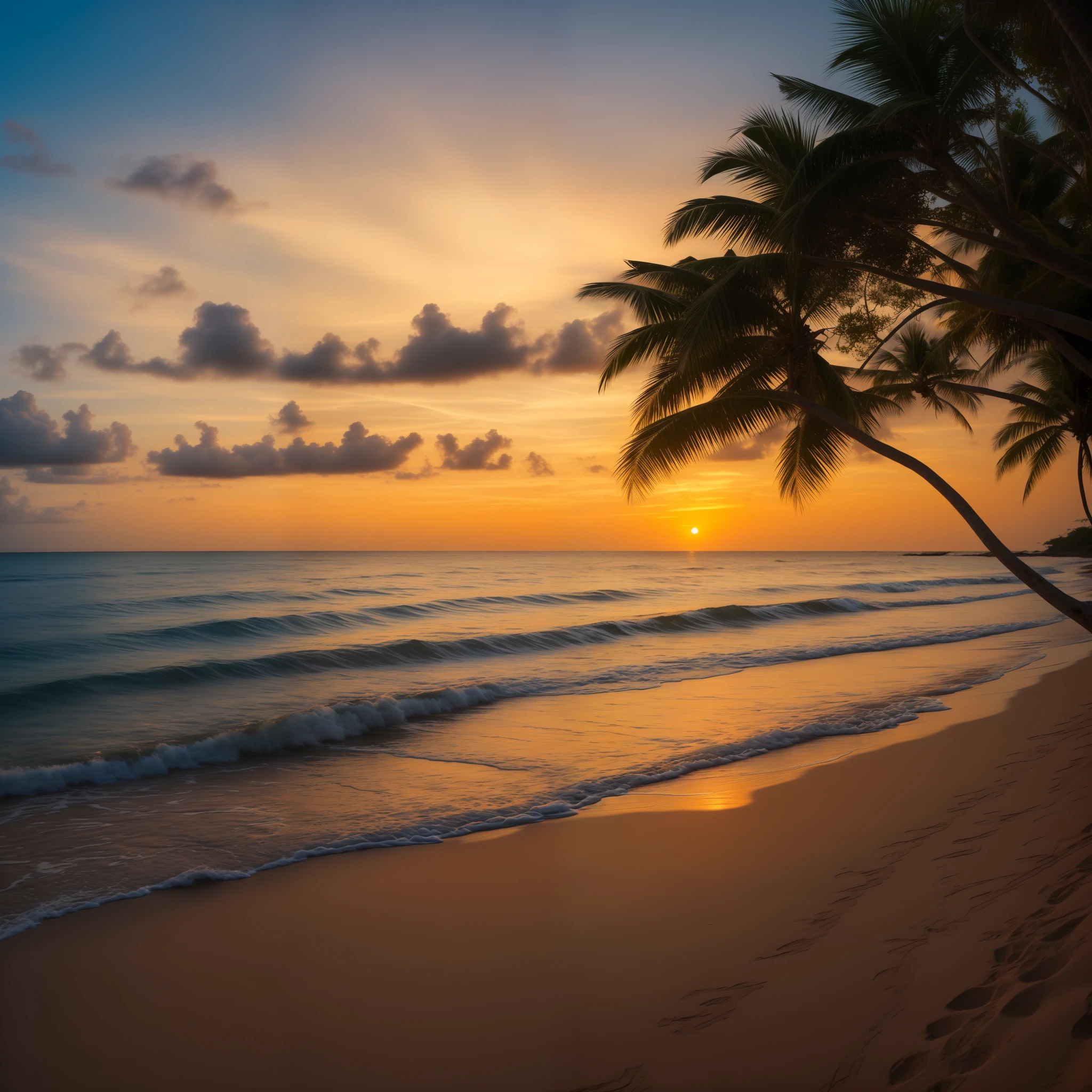 Tropical beach at sunset with vibrance and saturation