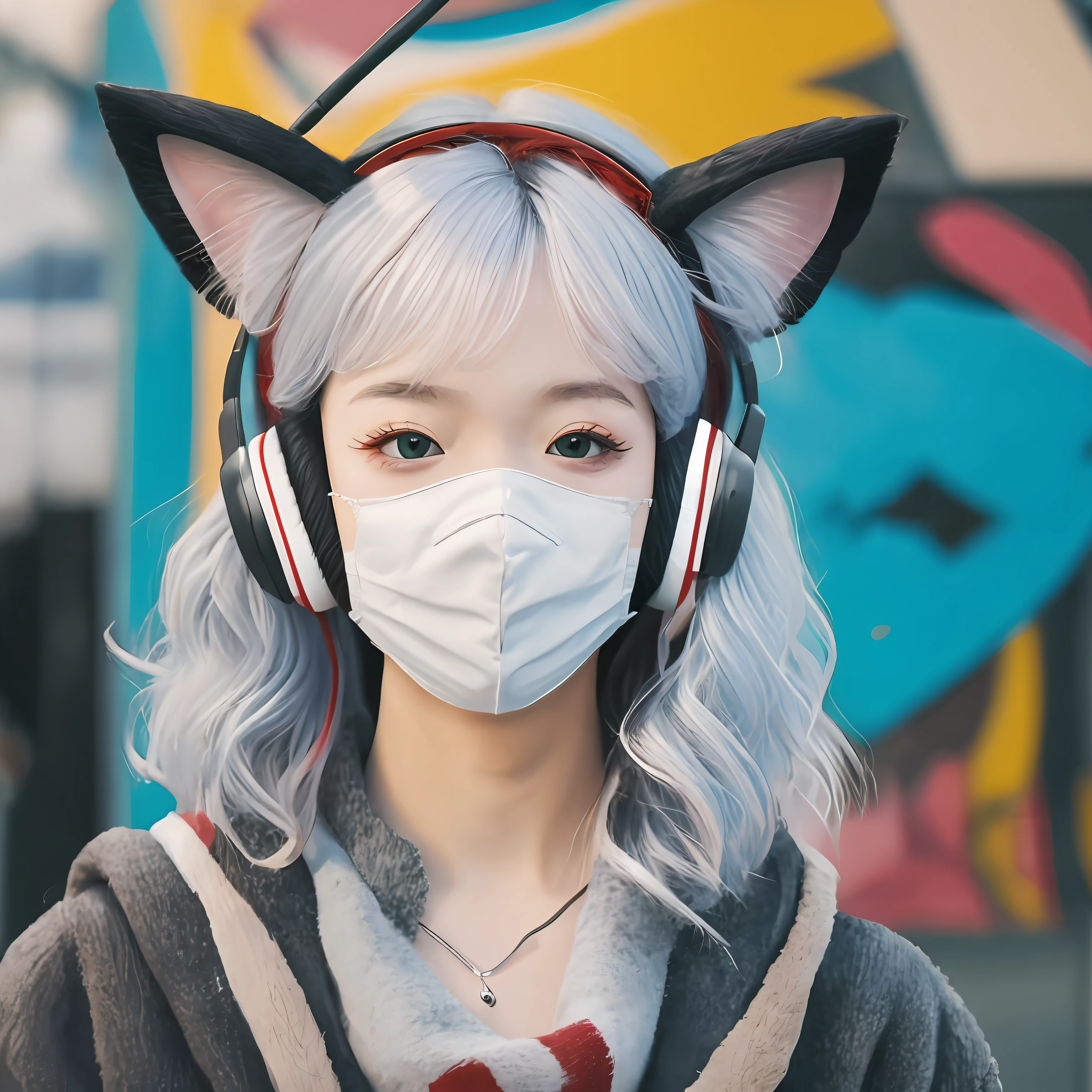 Silver hair, curtained hair, Wavy hair, Big hair, Long hair, raised eye brows, mismatched pupils, half-closed eye, long eyeslashes, Cat ear headphones, makeup, jitome, Scowl, Mask, shadowing, anaglyph, stereograms, tachi-e, angle of view, Atmospheric perspective, From below, Verism, 8K, Super detail, ccurate, Best Quality, Textured skin, Anatomically correct --auto