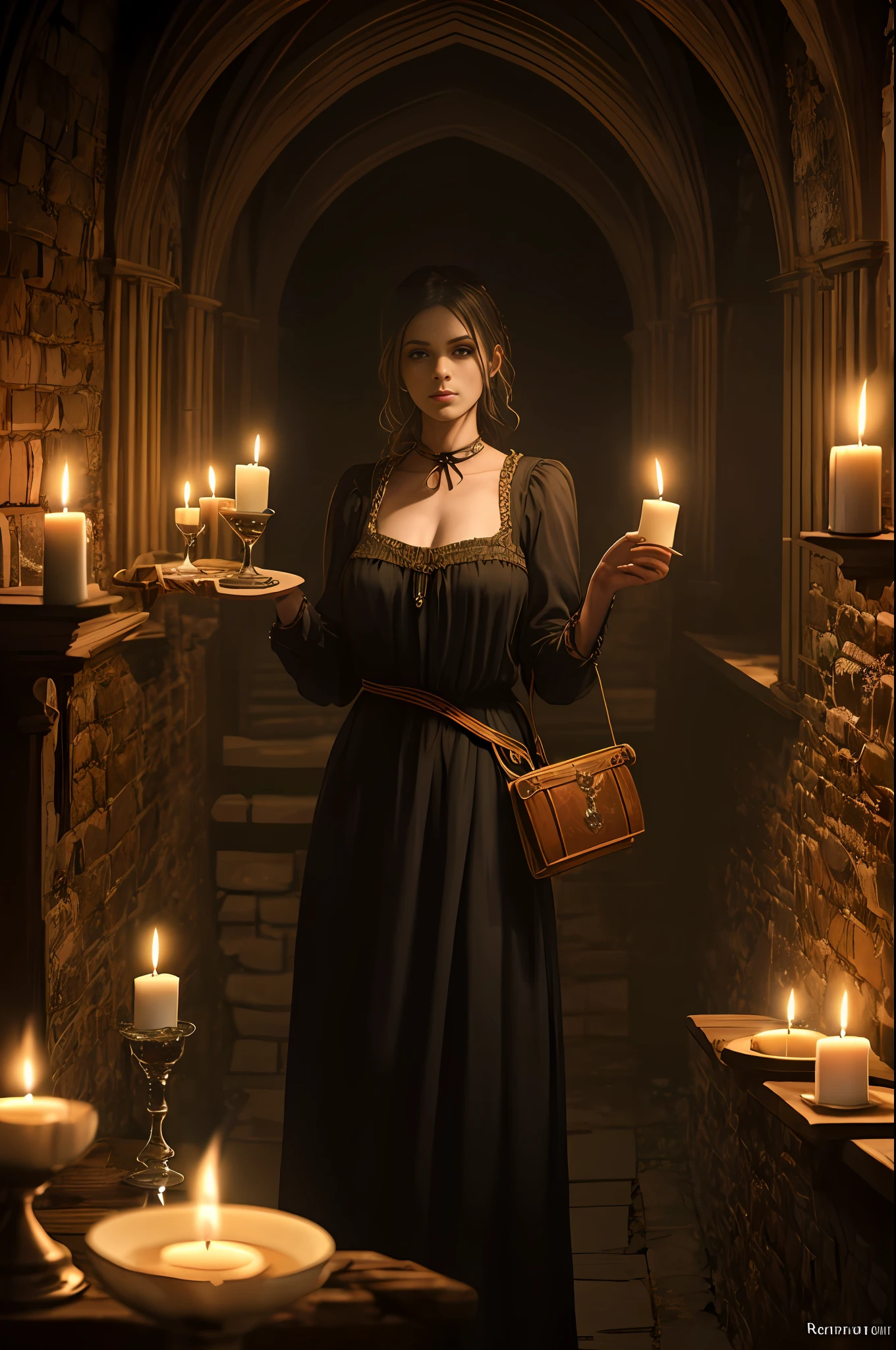 Luminescence Inside an old crypt in medieval England, mad and beautiful bar girl, narrow waist, medieval long dress,Half chest exposed,Holding a iar of blood whiskey with a group of male guests,Candle light and shadow,Cinematic lighting,Soft focus effect,Detailed and complex background, Baroque style,Renaissance art ,realistic, Track focus,Fill light, horror scary atmosphere,Place is dirty,confusion,