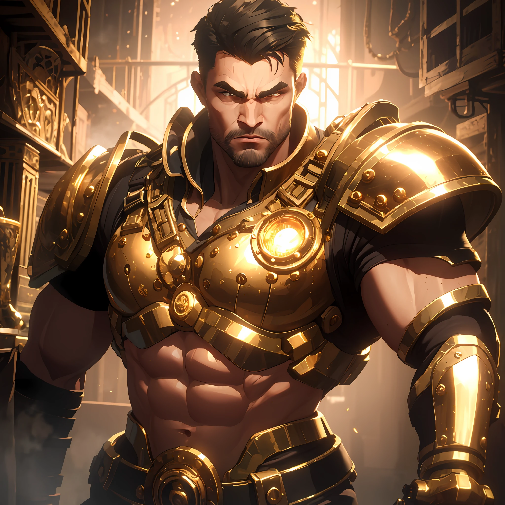 (best quality: 1.2), (ultra-detailed: 1.2), fantastic lighting, 4k, Full HD, sett, muscular man with a menacing look wearing golden brass knuckles, steam punk, bionic arm, golden energy enveloping him, golden aura of energy, metal armor, steam punk city