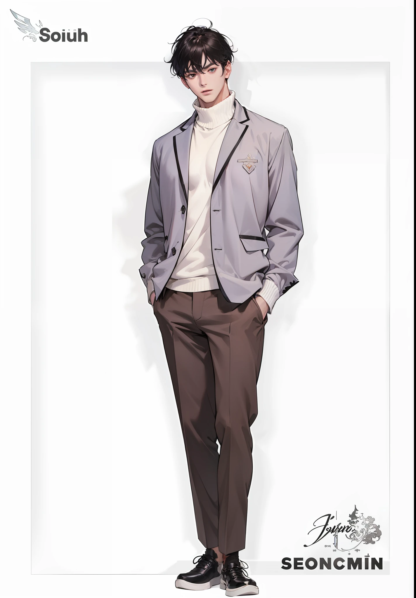 there is a man with a white turtleneck posing, photorealistic perfect body, :: high detail, realistic shaded perfect body, prefect body, beautiful handsome body, handsome stunning realistic, sexy body, smooth translucent white skin, lean body, south korean male, realistic body, handsome anime pose, inspired by Yanjun Cheng, beautiful, prince, demon slayer art