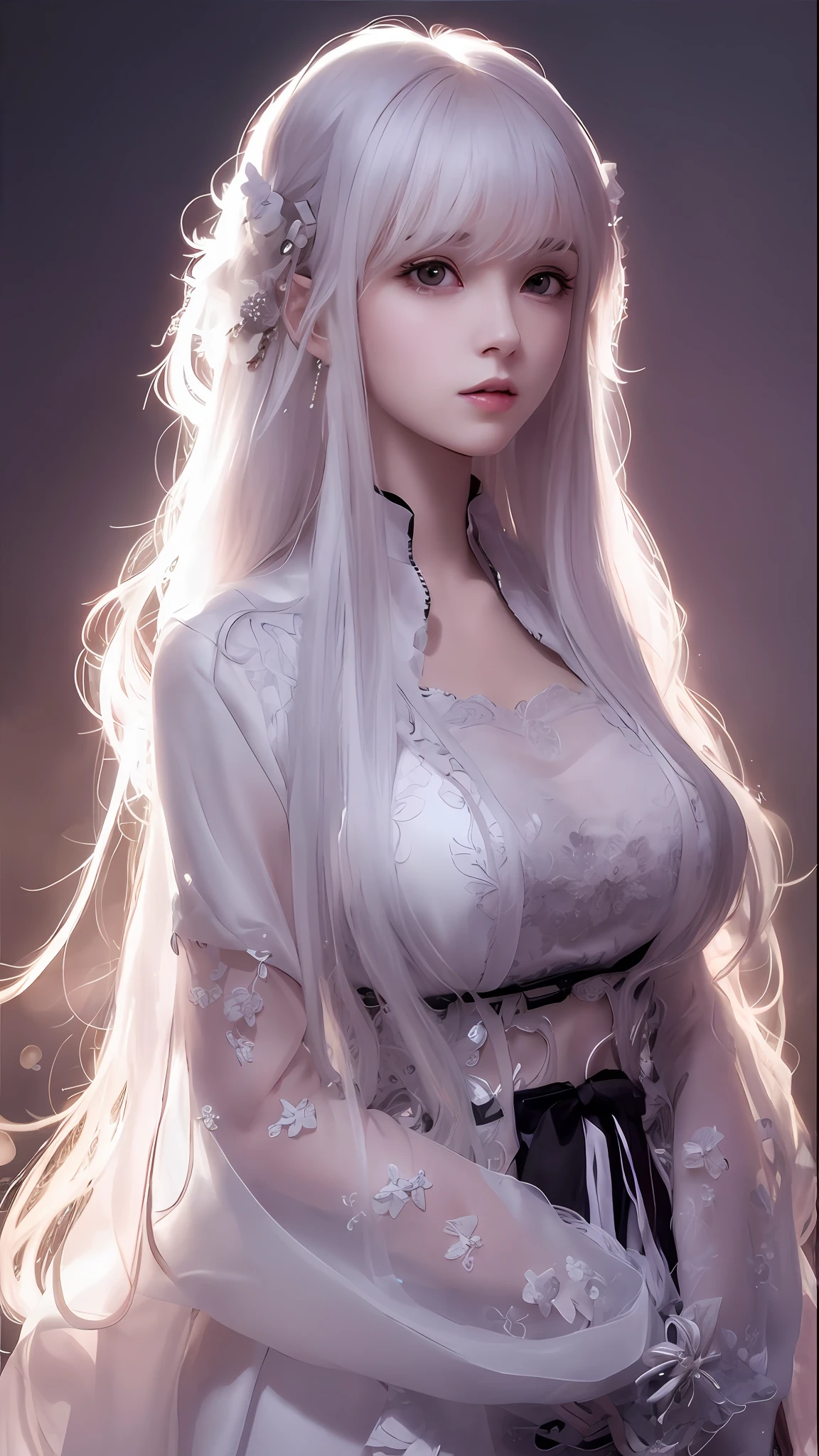 a close up of a woman with long white hair wearing a white dress, Perfect white haired girl, beautiful and seductive anime woman, long  white hair, with long white hair, Guviz, detailed white long hair, seductive anime girls, Girl with white hair, white haired Cangcang, Beautiful anime girl, Beautiful anime woman, Guviz-style artwork