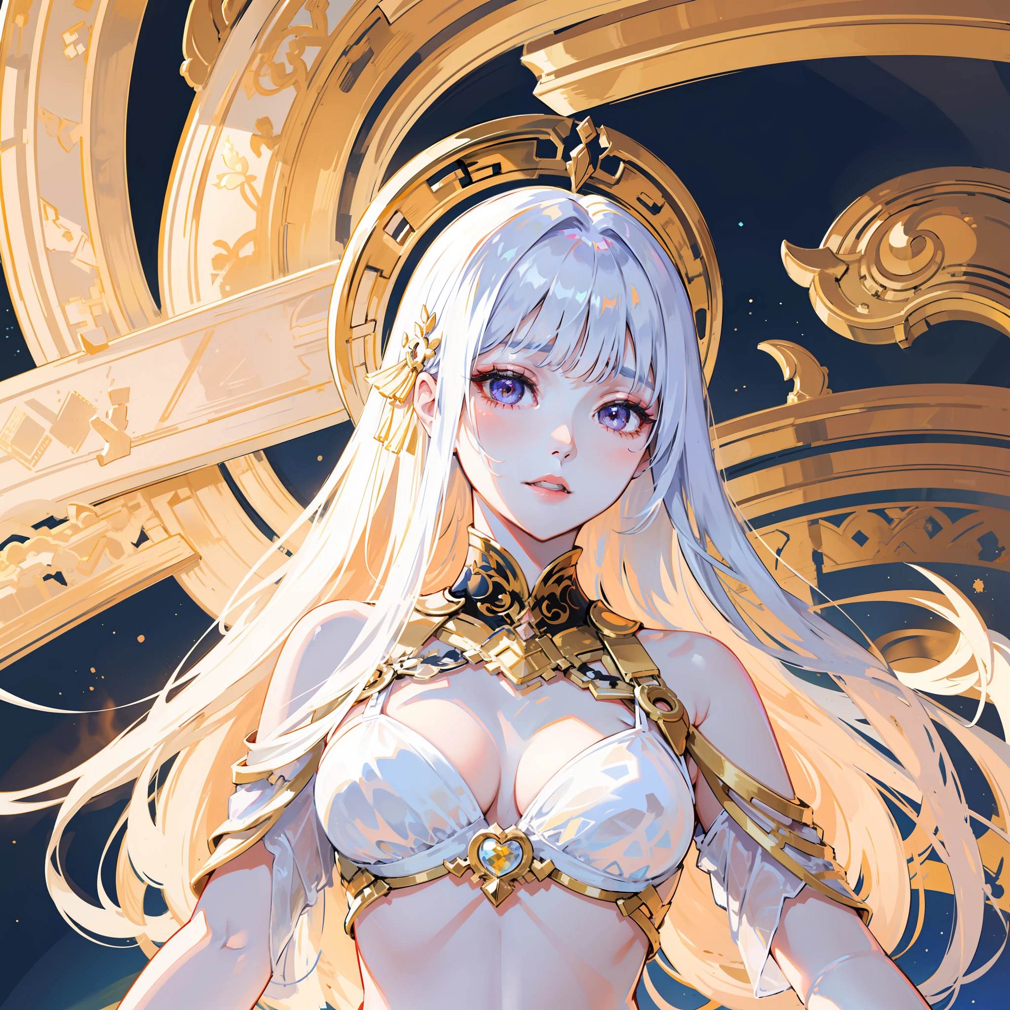 Masterpiece, a beautiful void goddess, gorgeous clothes on gold pattern, full body white transparent bikini standing under empty night stars, disappeared transparent pants, full body standing, tall figure, slender legs, facial details, detailed body part details, 8k wallpaper, purple eyes, cosmos eyes, space