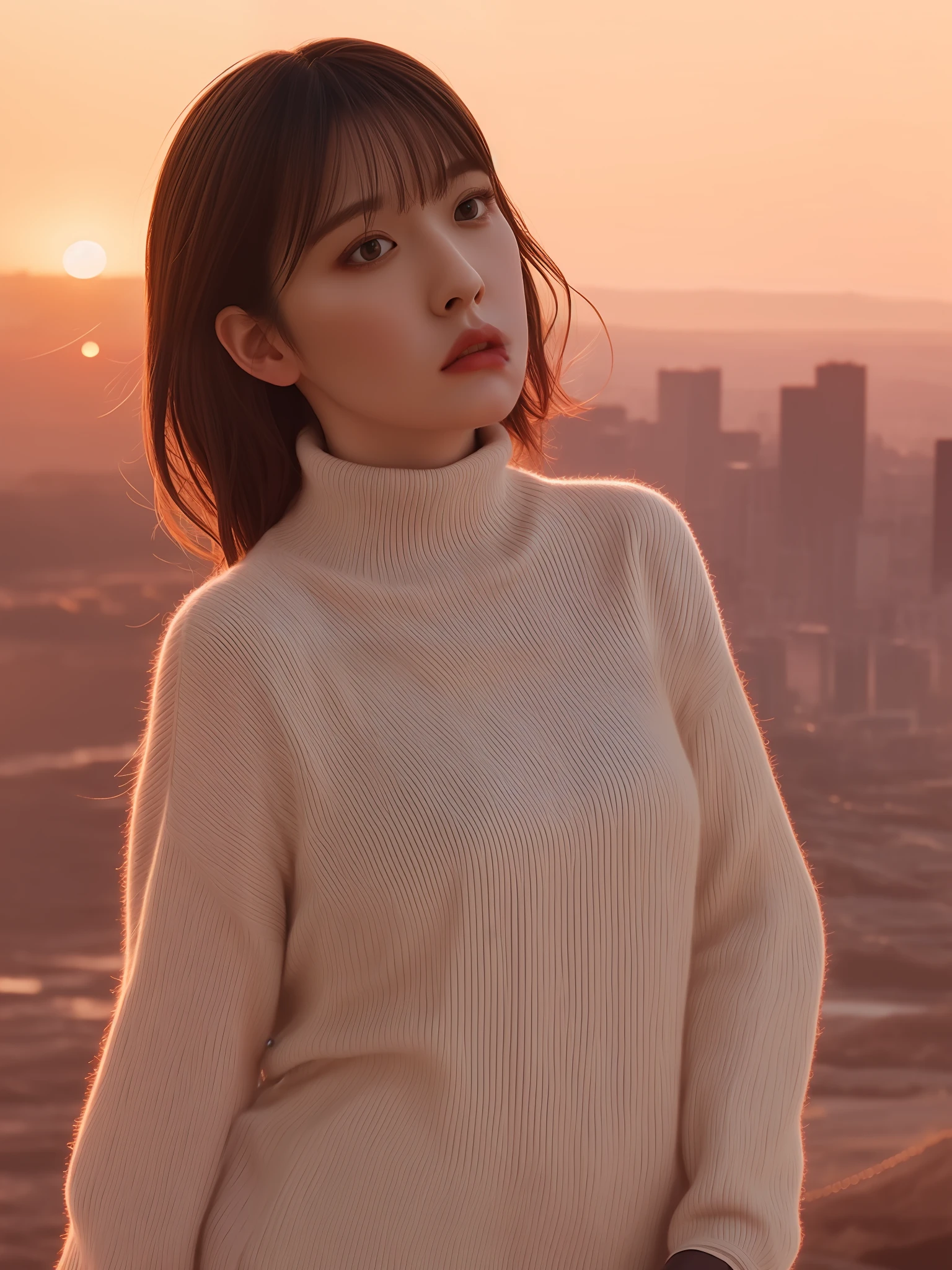 woman,solo,happy, closed mouth ,

looking at viewer,sunset,skyline,turtleneck,skirt,unparalleled masterpiece, ultra realistic 8k CG, clean, beautiful face,