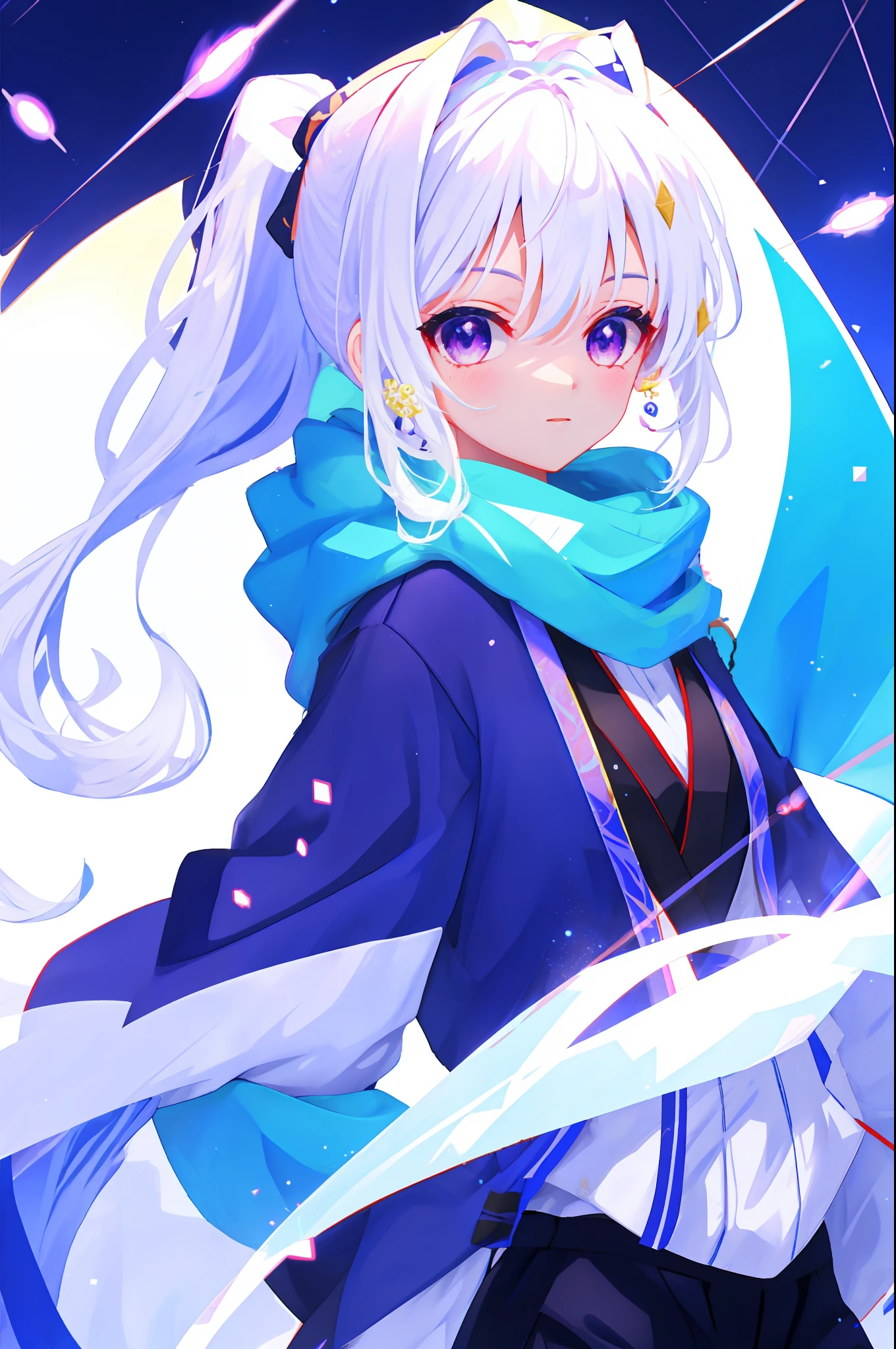 upper body, 1girl, white hair, ponytail, purple eyes, (ninja), short sword, medium breats ,scarf, wallpaper, magic circle background, light particles, blue fire,