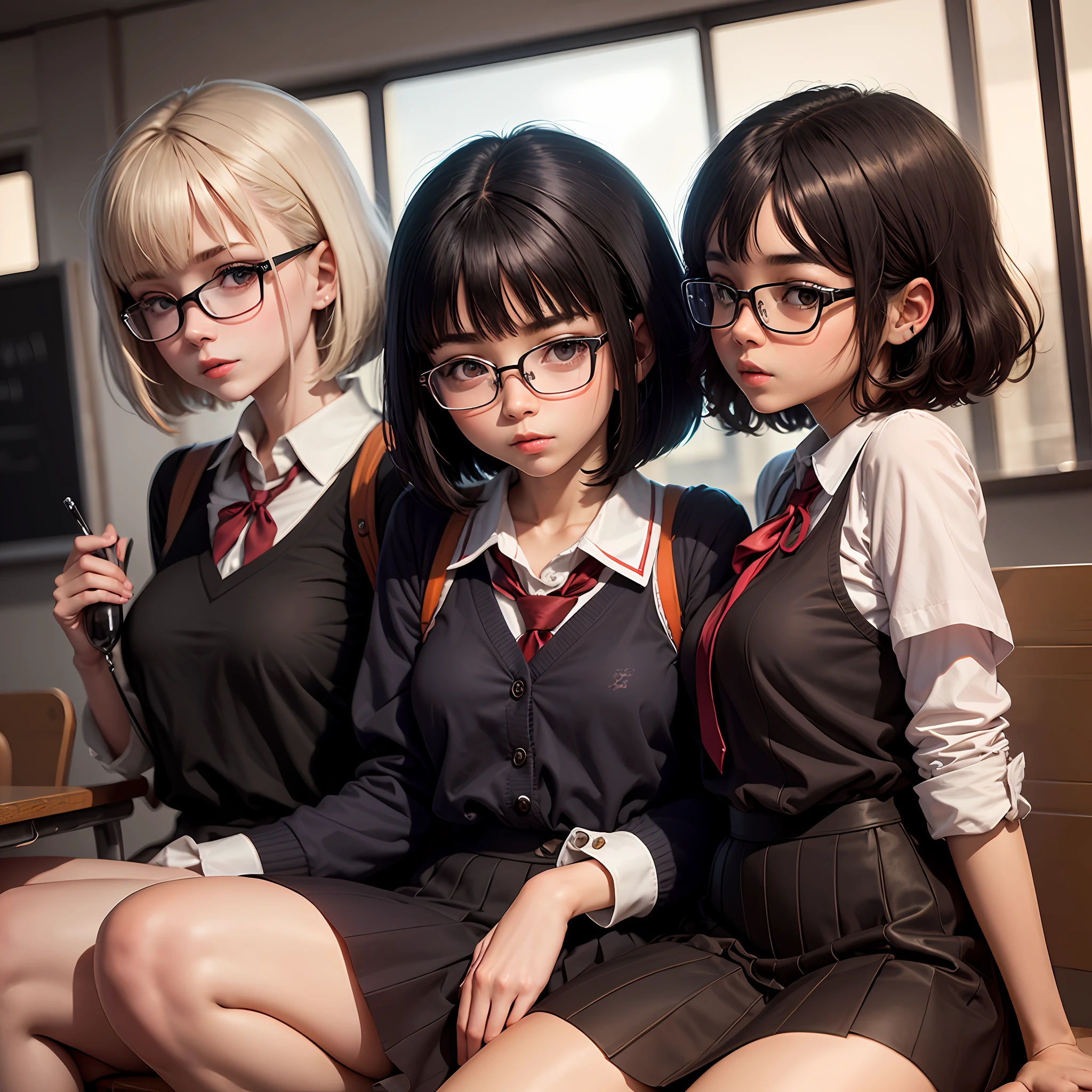 bob-cut hair,schoolgirls,eye glass,blacksilk,full bodyesbian --auto
