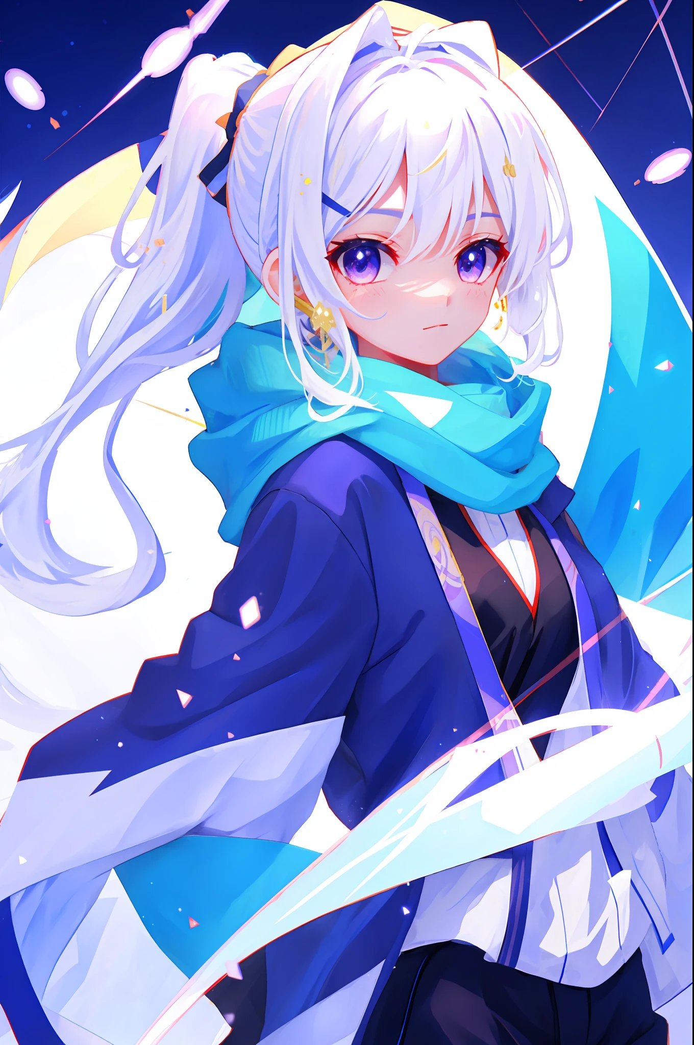 upper body, 1girl, white hair, ponytail, purple eyes, (ninja), short sword, medium breats ,scarf, wallpaper, magic circle background, light particles, blue fire,