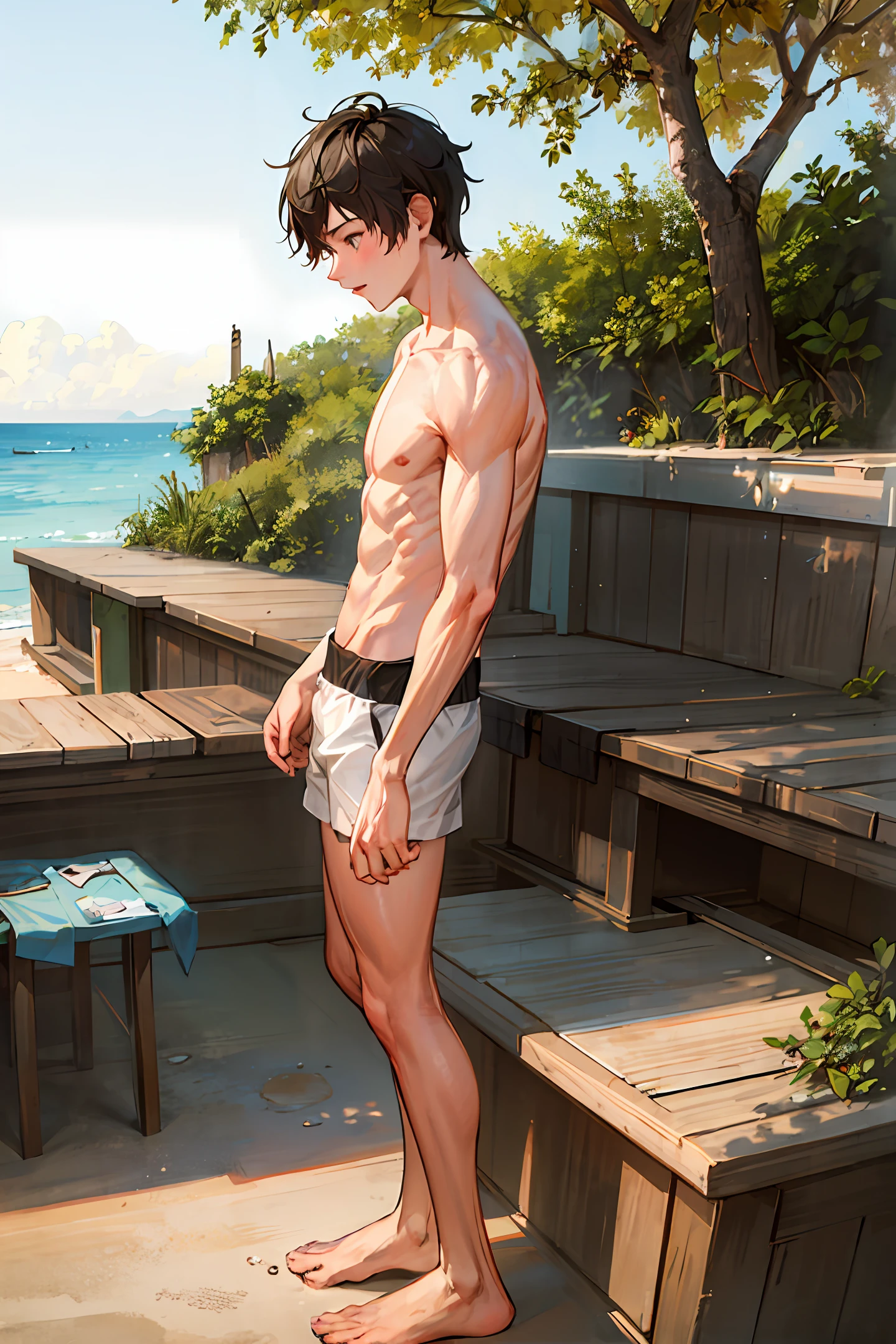 musculature,cool guy,bob-cut hair,A detailed,sea beach