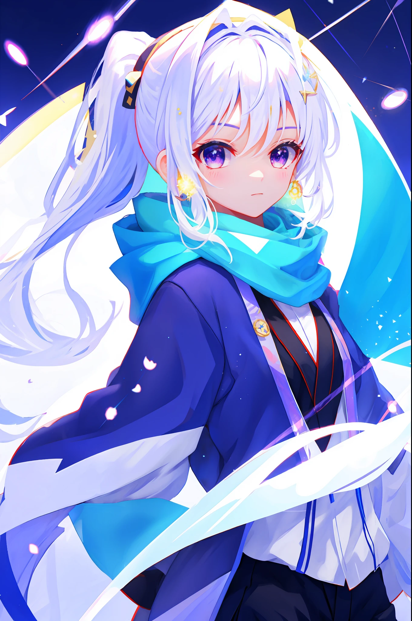 upper body, 1girl, white hair, ponytail, purple eyes, (ninja), short sword, medium breats ,scarf, wallpaper, magic circle background, light particles, blue fire,