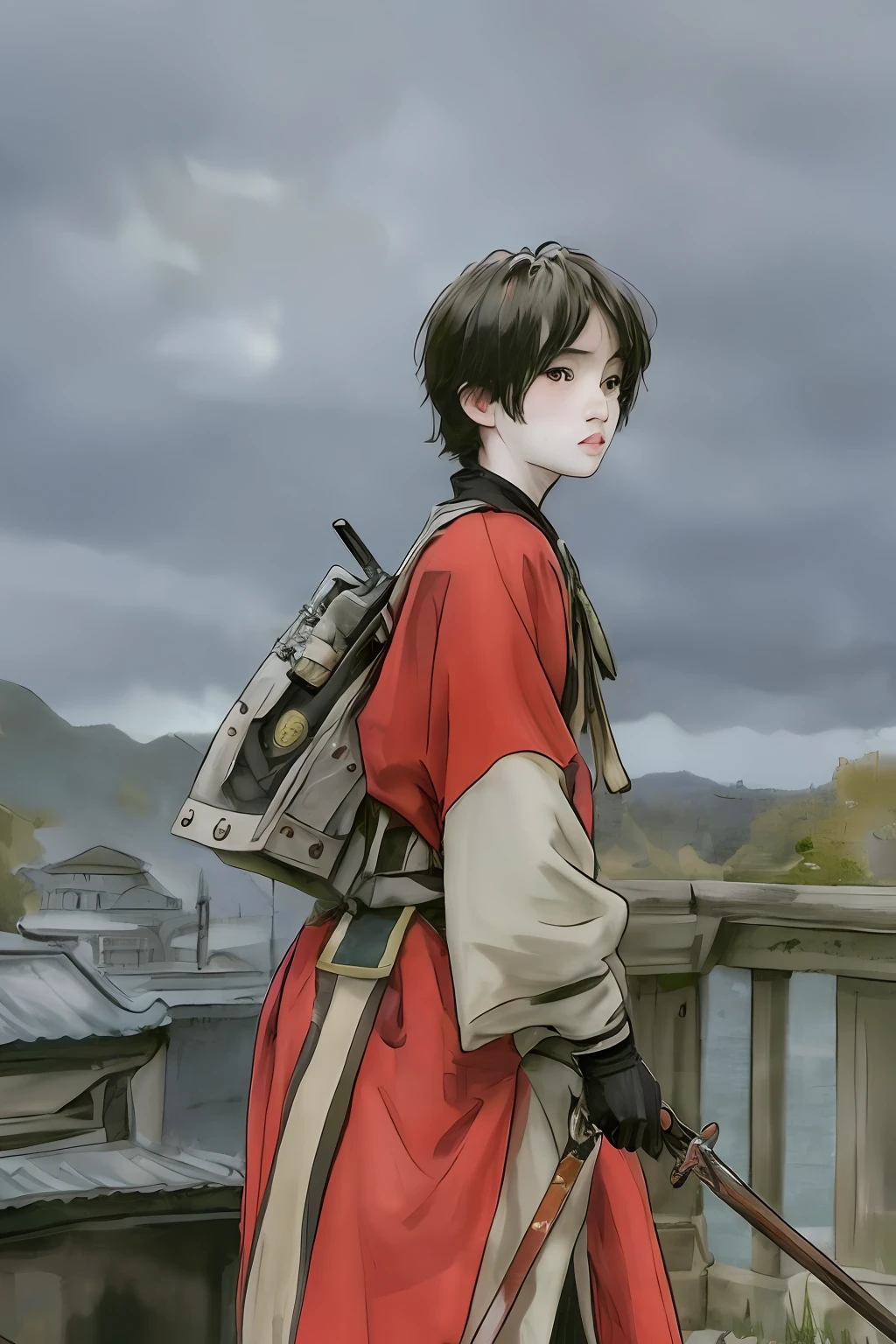 A man carries a sword on his back。