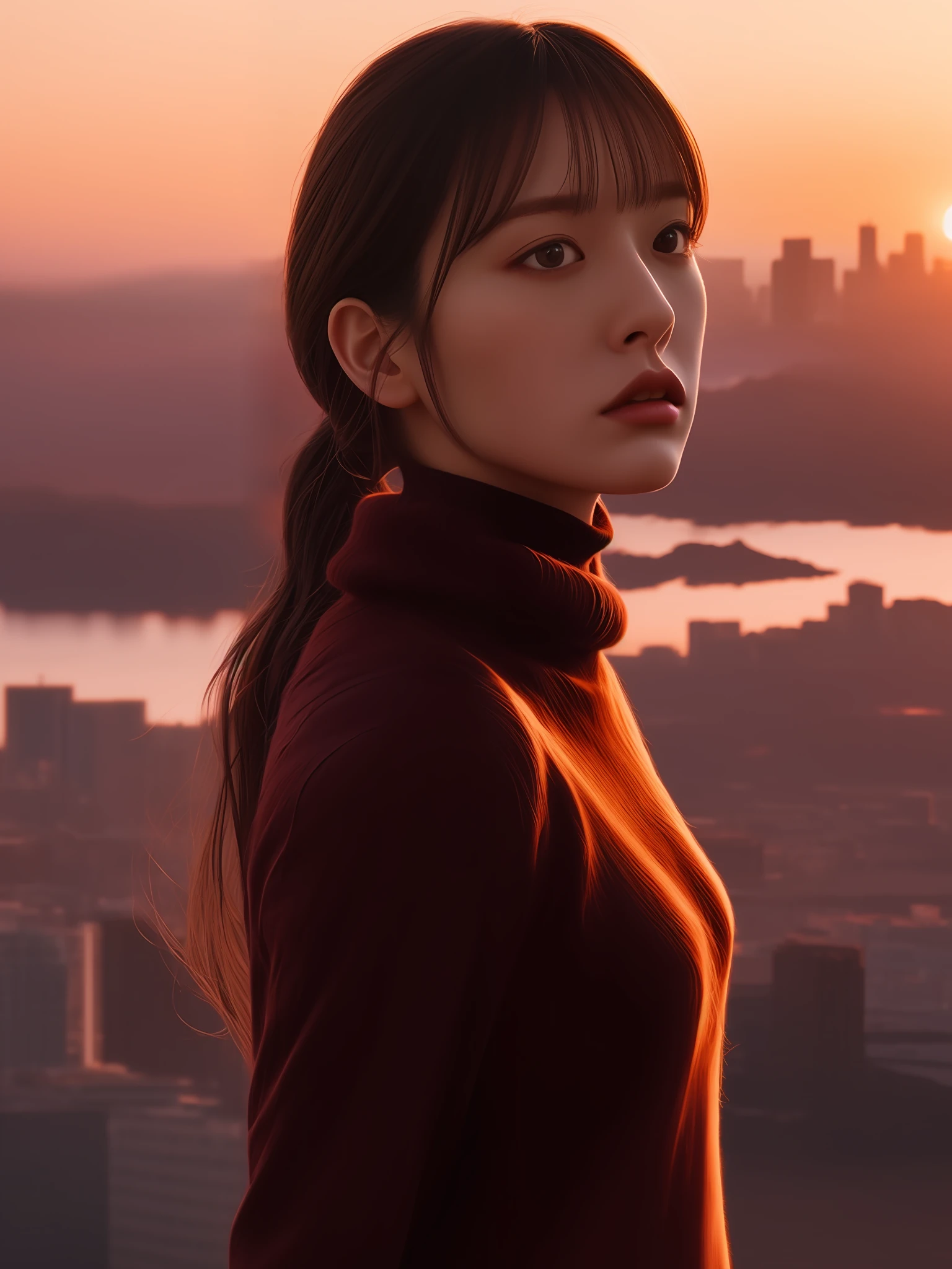 woman,solo,happy, closed mouth ,

looking at viewer,sunset,skyline,turtleneck,skirt,unparalleled masterpiece, ultra realistic 8k CG, clean, beautiful face,