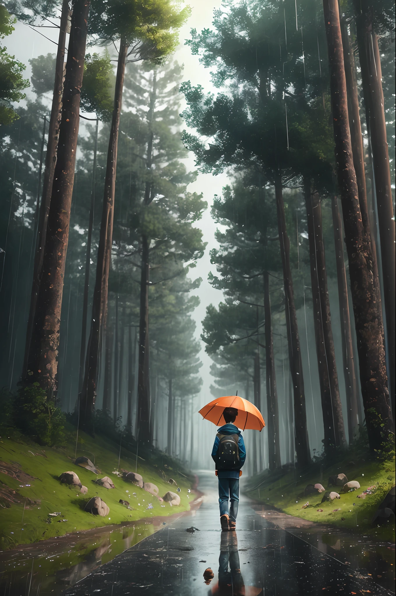 16k,Highly realistic,raining day,The details of the rain are realistic,Down the road in the forest,The back of a boy holding an umbrella,Walk alone on the road and go away,3d effect,Highly realistic,Faraway view,Solitude,One guy,The character model is not large