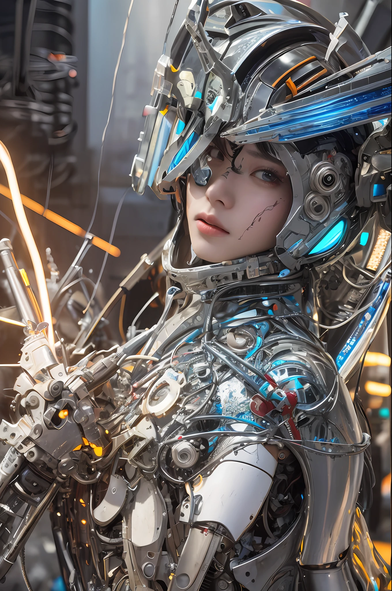 Top Quality, Masterpiece, Ultra High Resolution, (Photorealistic: 1.4), Raw Photo, 1 Asian Girl, Black Hair, Glossy Skin, 1 Mechanical Girl, (Ultra Realistic Detail)), Portrait, Global Illumination, Shadows, Contrast, Octane Rendering, 8K, Ultra Sharp, Big, Cleavage Exposed Raw Skin, Metal, Intricate Ornament Details, Very intricate details, realistic light, CGSoation trend, facing the camera, neon details, mechanical limbs, blood vessels connected to the tube, mechanical vertebrae attached to the back, mechanical cervical attachment to the neck, sitting, wires and cables connecting to the head, gundam, small LED lamps.