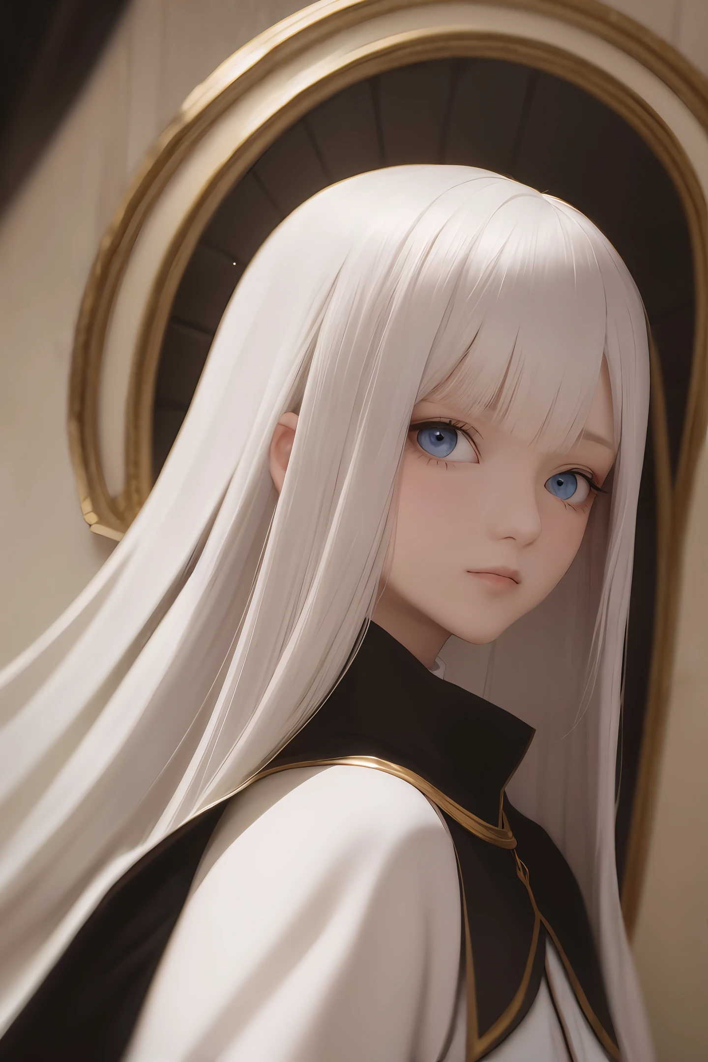 A white-haired beauty wearing white silk with round-framed eyes
